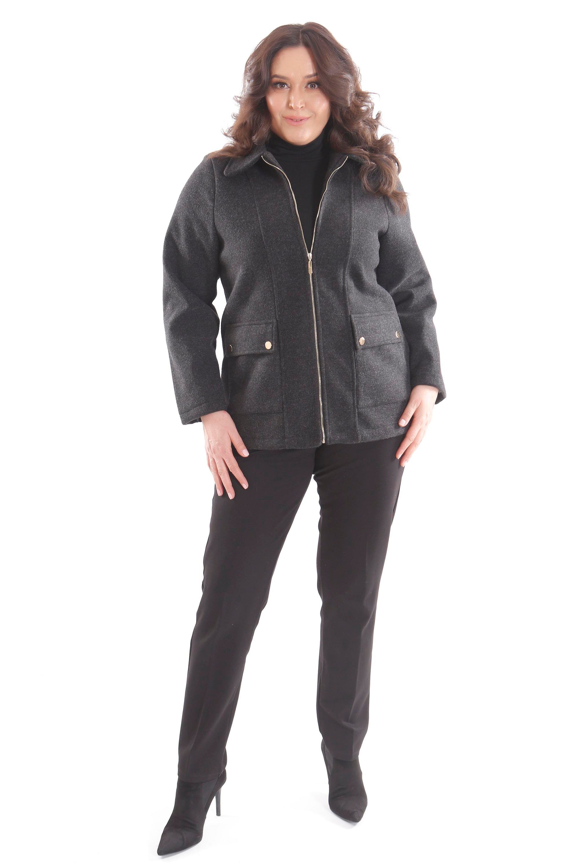 Trend42plus Büyük Beden Cep Kapaklı Fermuarlı Siyah Kaşe Kaban