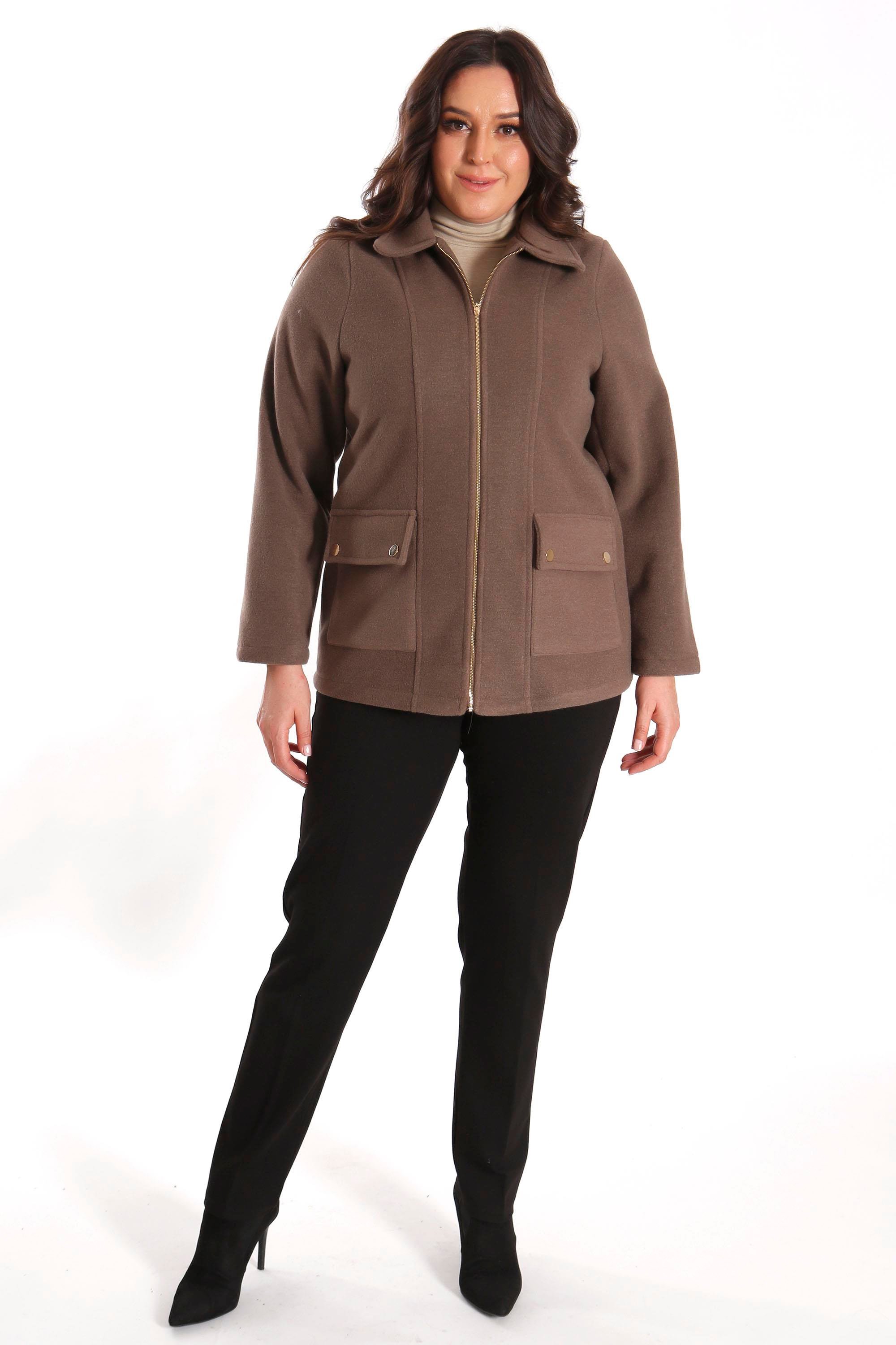 Trend42plus Büyük Beden Cep Kapaklı Fermuarlı Vizon Kaşe Kaban