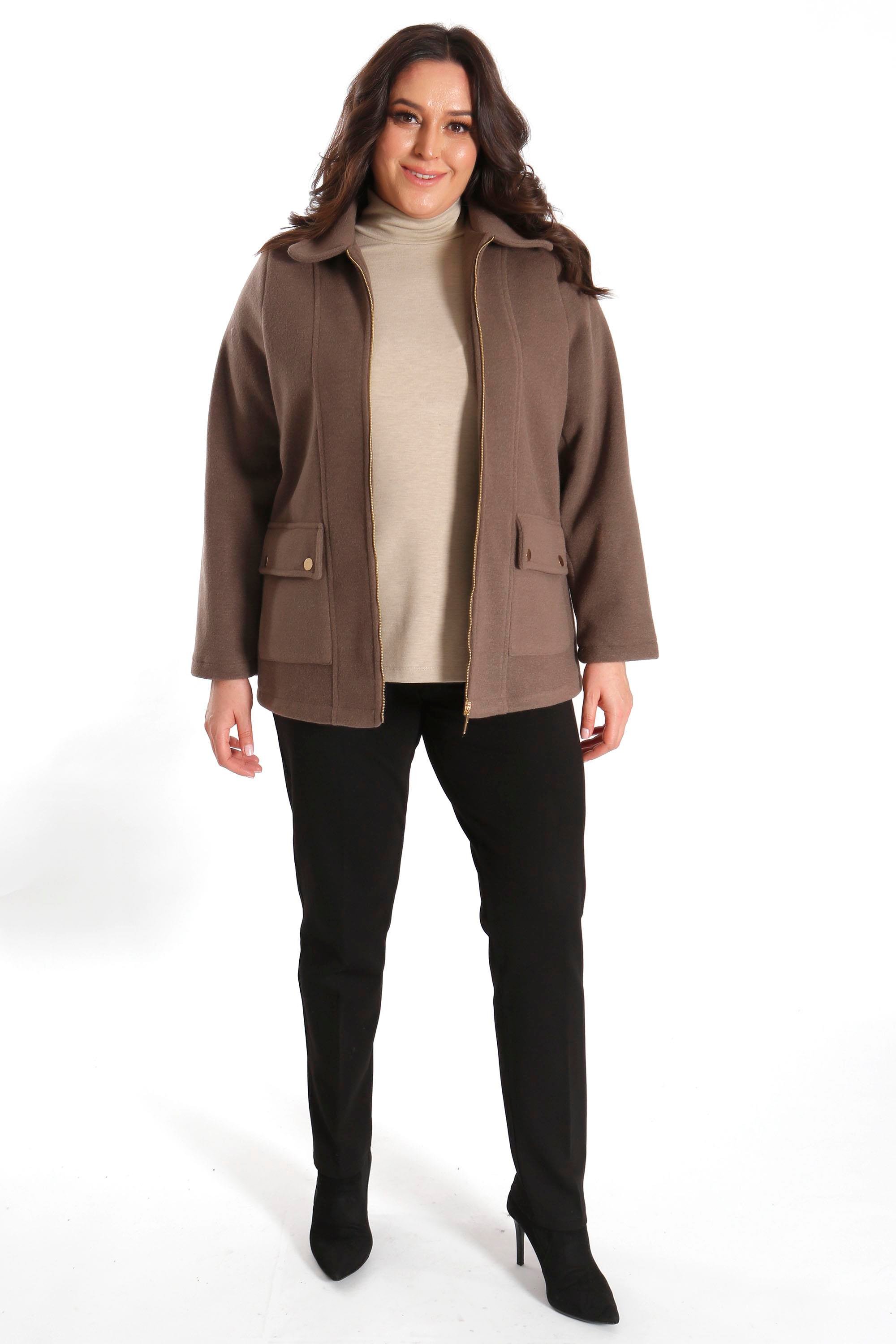 Trend42plus Büyük Beden Cep Kapaklı Fermuarlı Vizon Kaşe Kaban