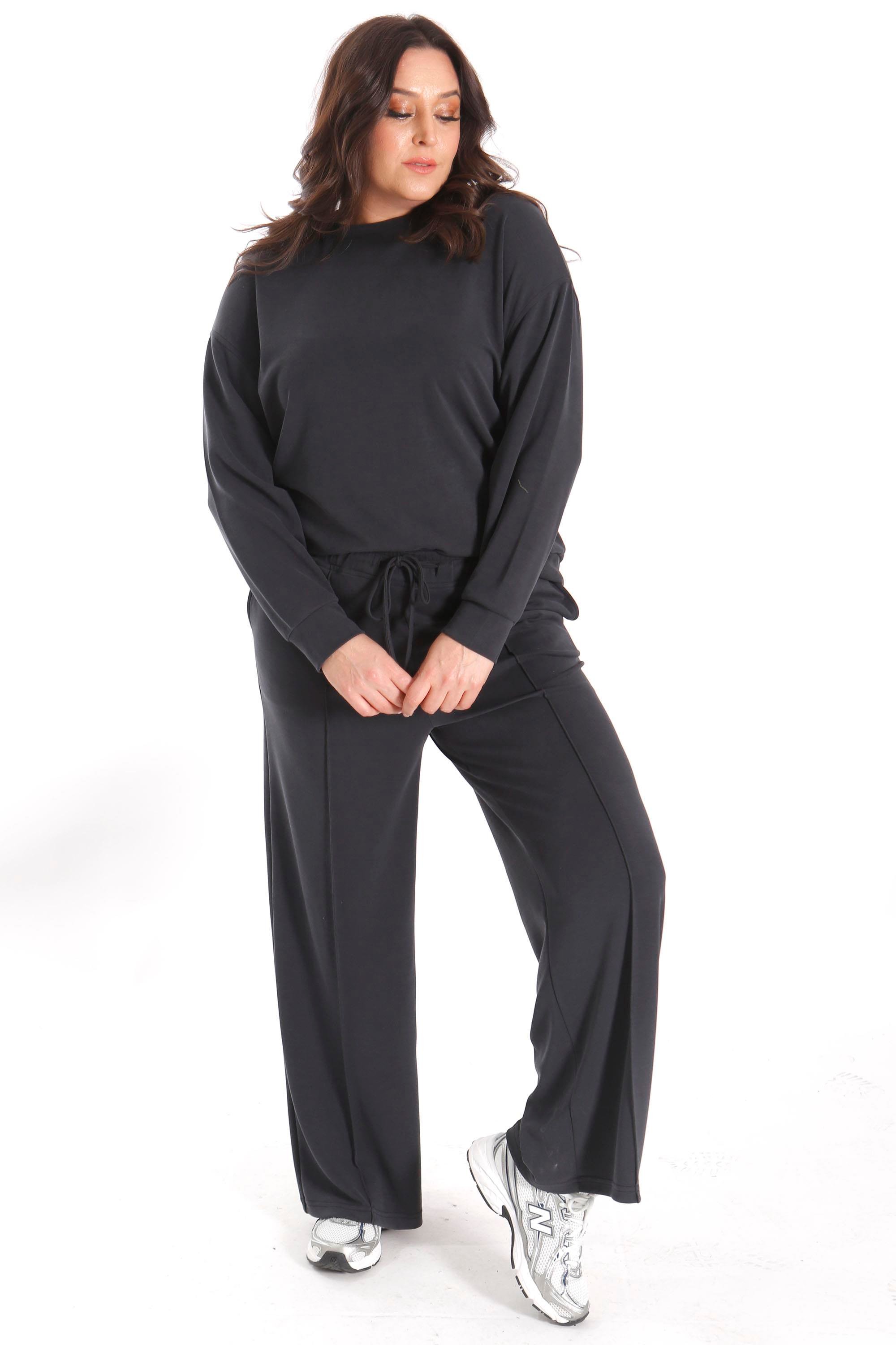Trend42plus Büyük Beden Cep ve Bağcık Detaylı Alt Üst Siyah Takım