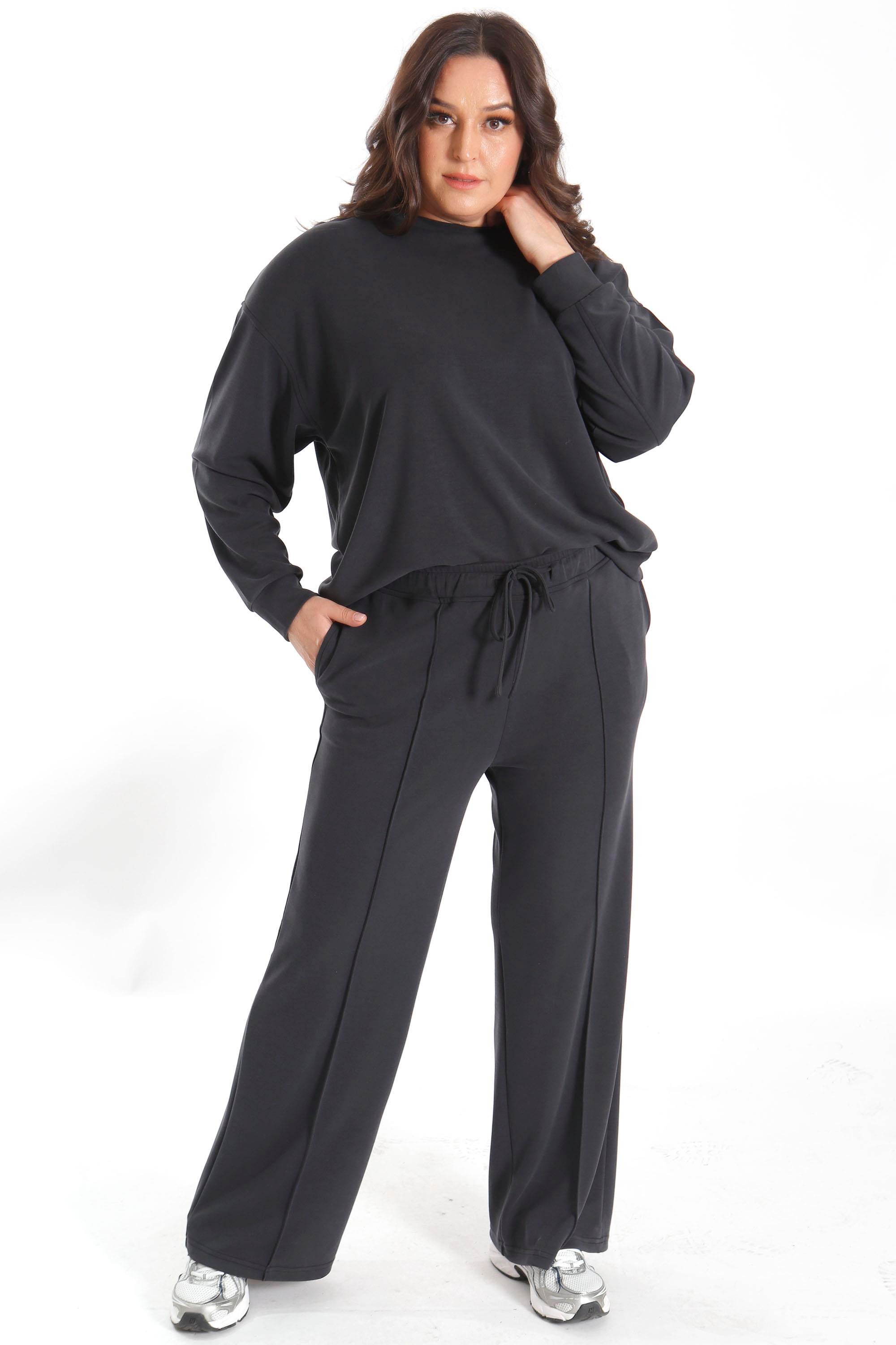 Trend42plus Büyük Beden Cep ve Bağcık Detaylı Alt Üst Siyah Takım