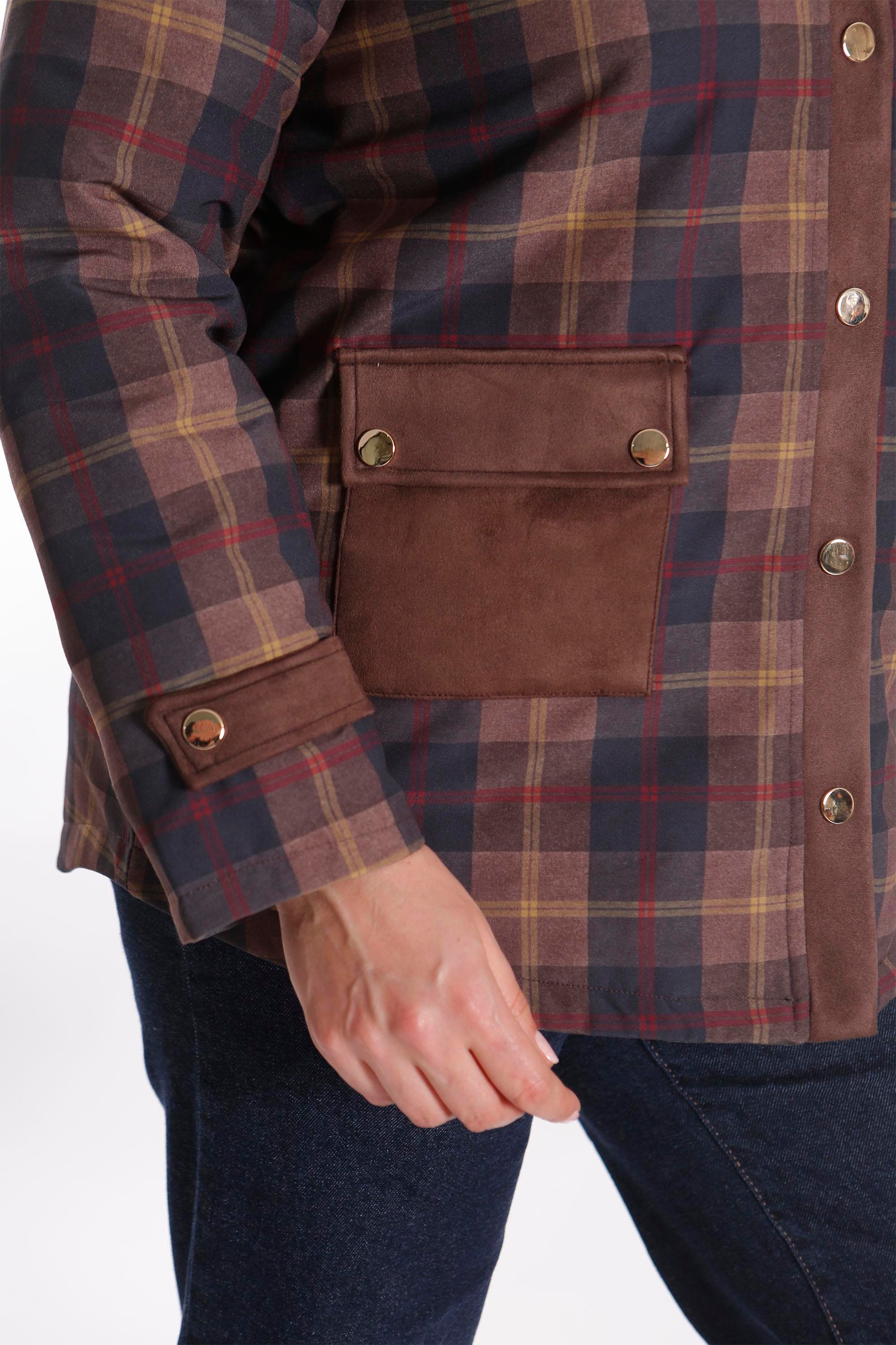 Trend42plus Büyük Beden Çıt Çıt Düğmeli Ekose Desenli Kahverengi Mont