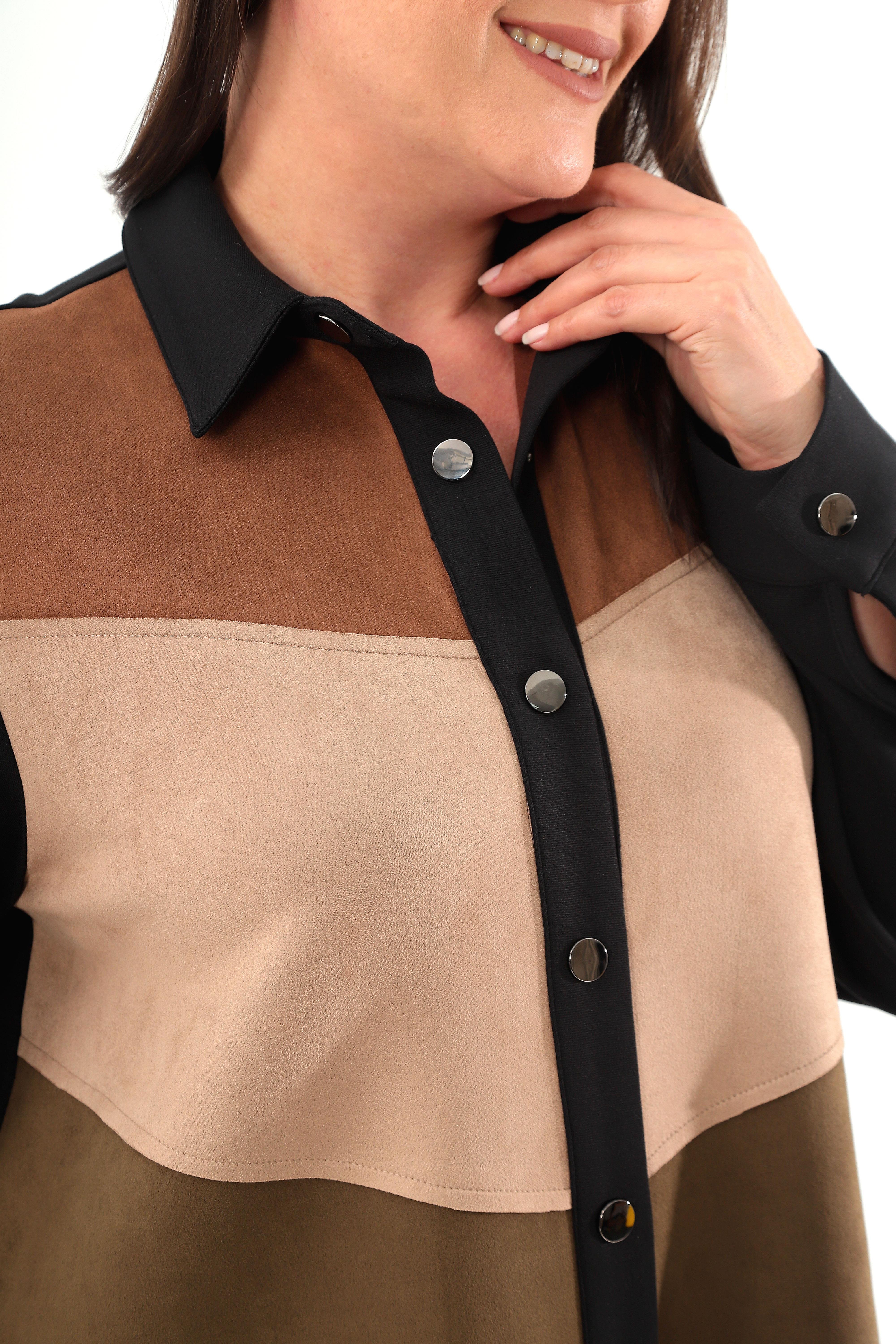 Trend42plus Büyük Beden Çıt Çıt Düğmeli Ön Süet Parçalı Siyah Gömlek