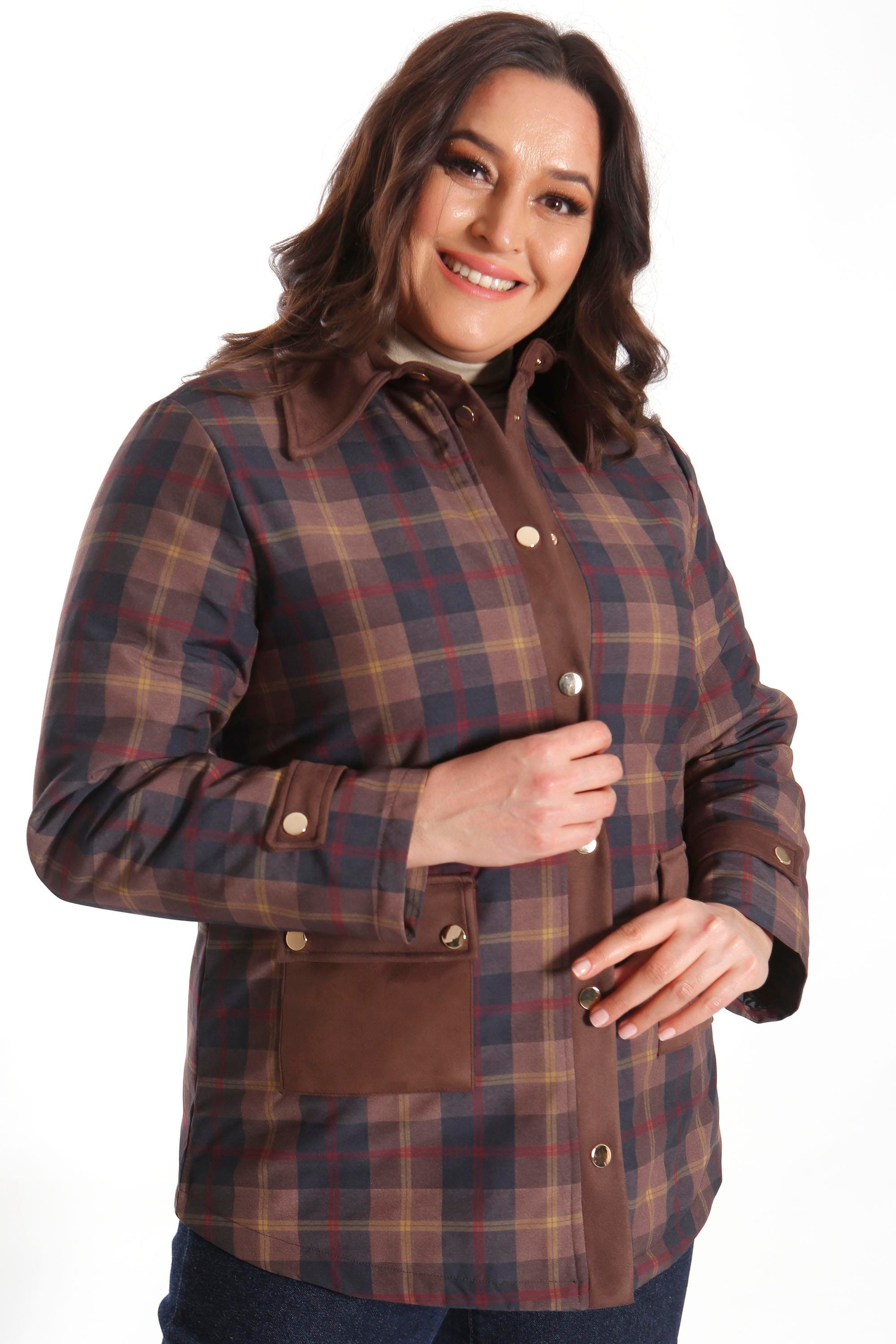 Trend42plus Büyük Beden Çıt Çıt Düğmeli Ekose Desenli Kahverengi Mont