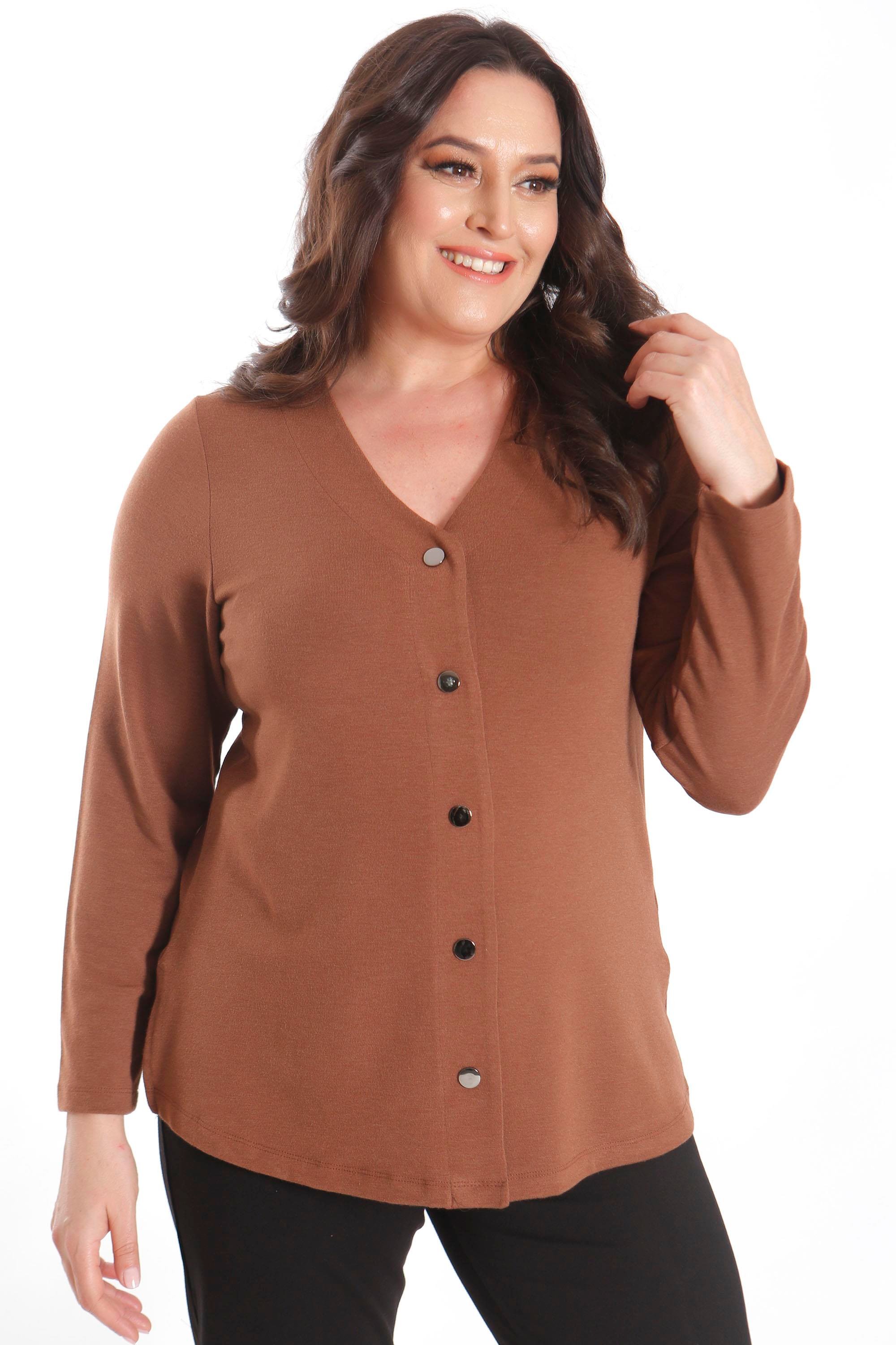 Trend42plus Büyük Beden Çıt Çıt Düğmeli Kahverengi Hırka