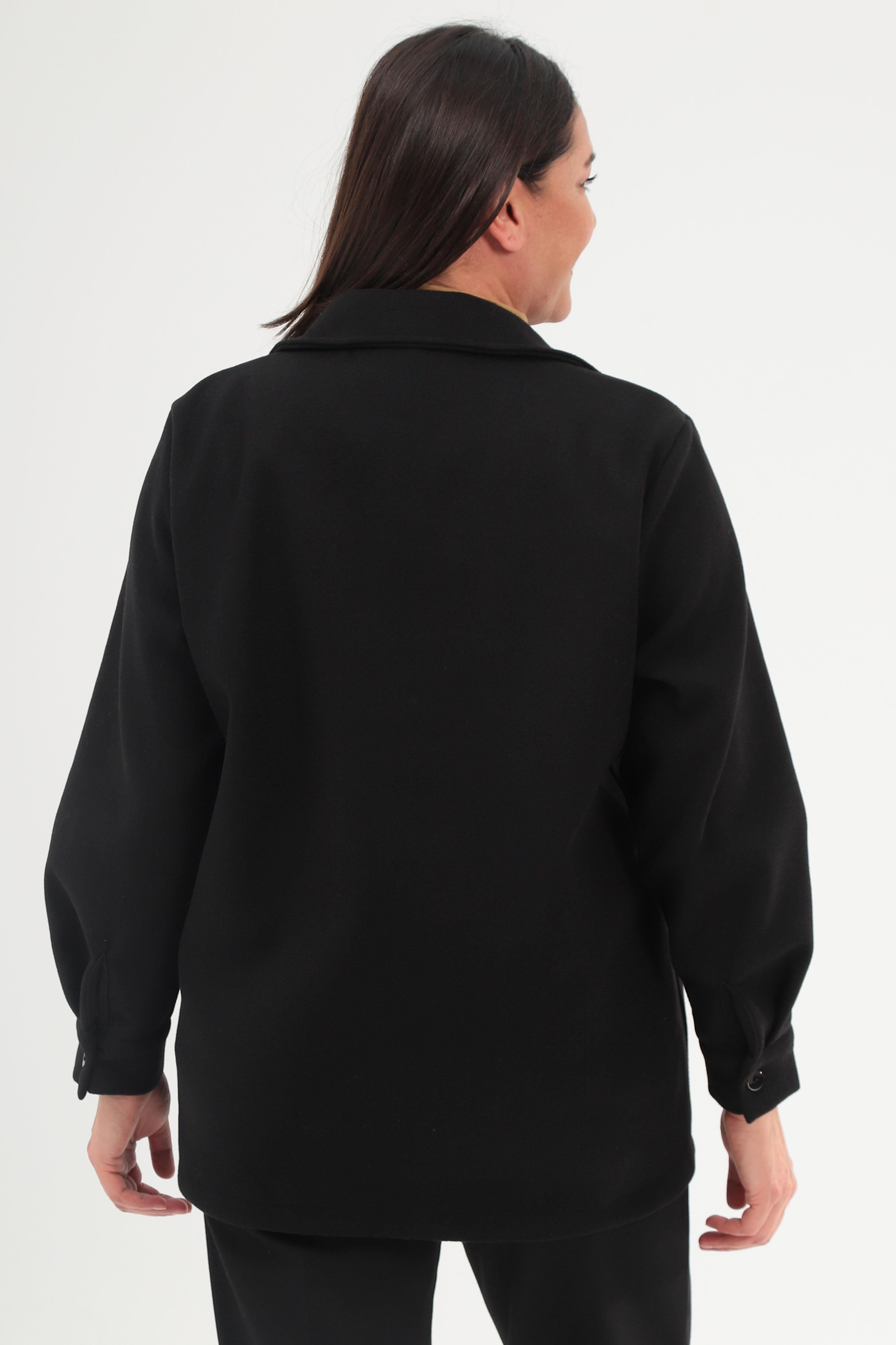 Trend42plus Büyük Beden Çıt Çıt Düğmeli Cep Detaylı Kaşe Siyah Ceket