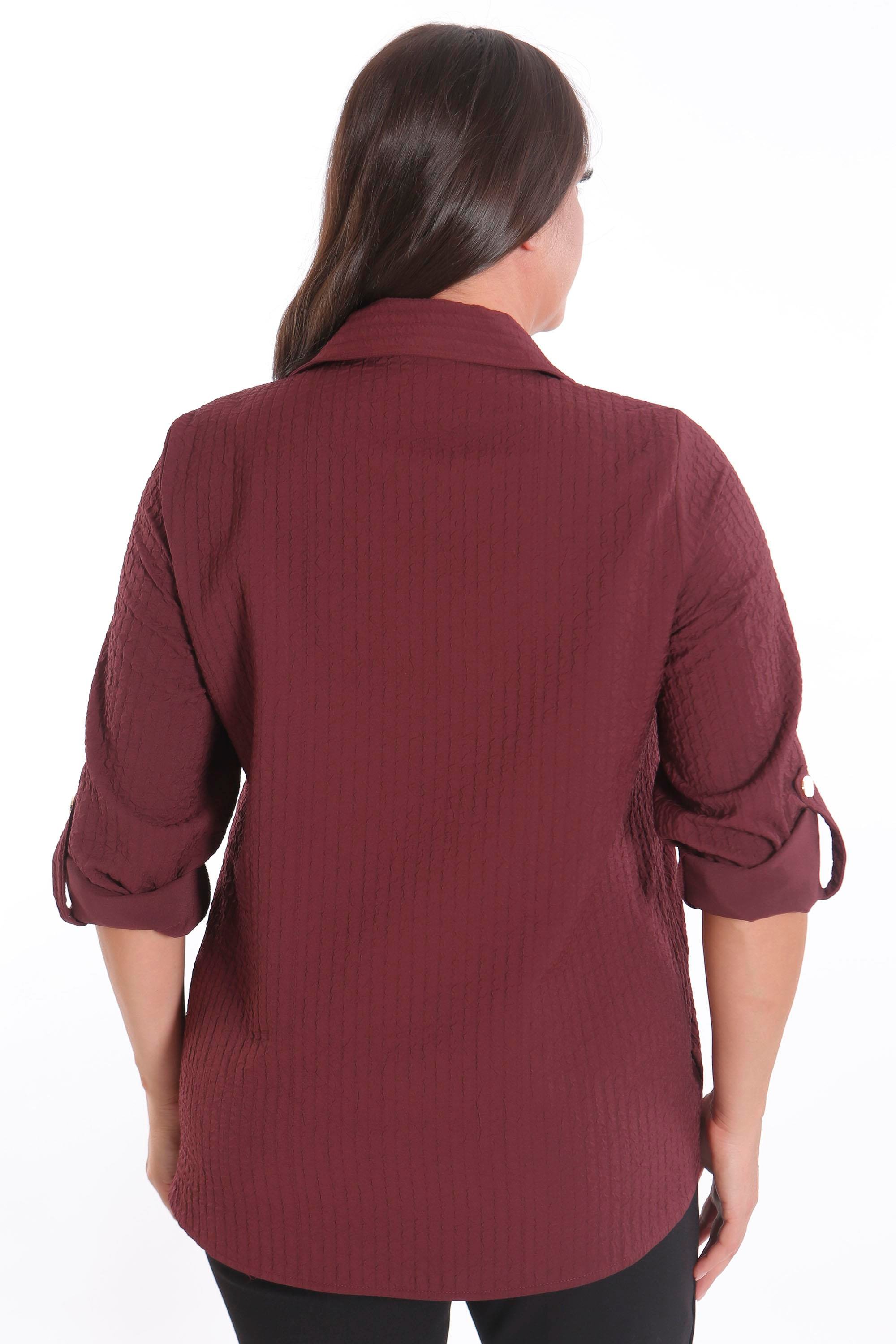 Trend42plus Büyük Beden Çıt Çıt Düğmeli ve Cep Detaylı Bordo Gömlek