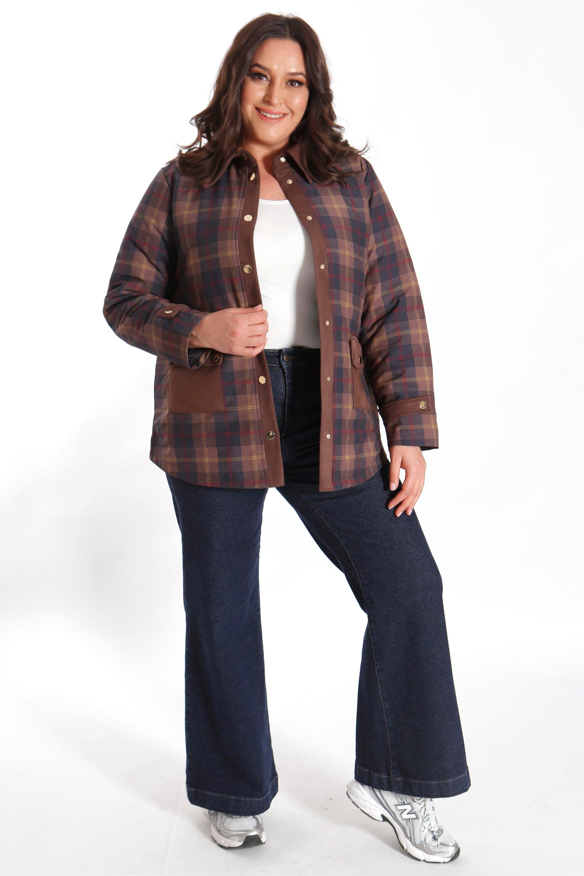 Trend42plus Büyük Beden Çıt Çıt Düğmeli Ekose Desenli Kahverengi Mont