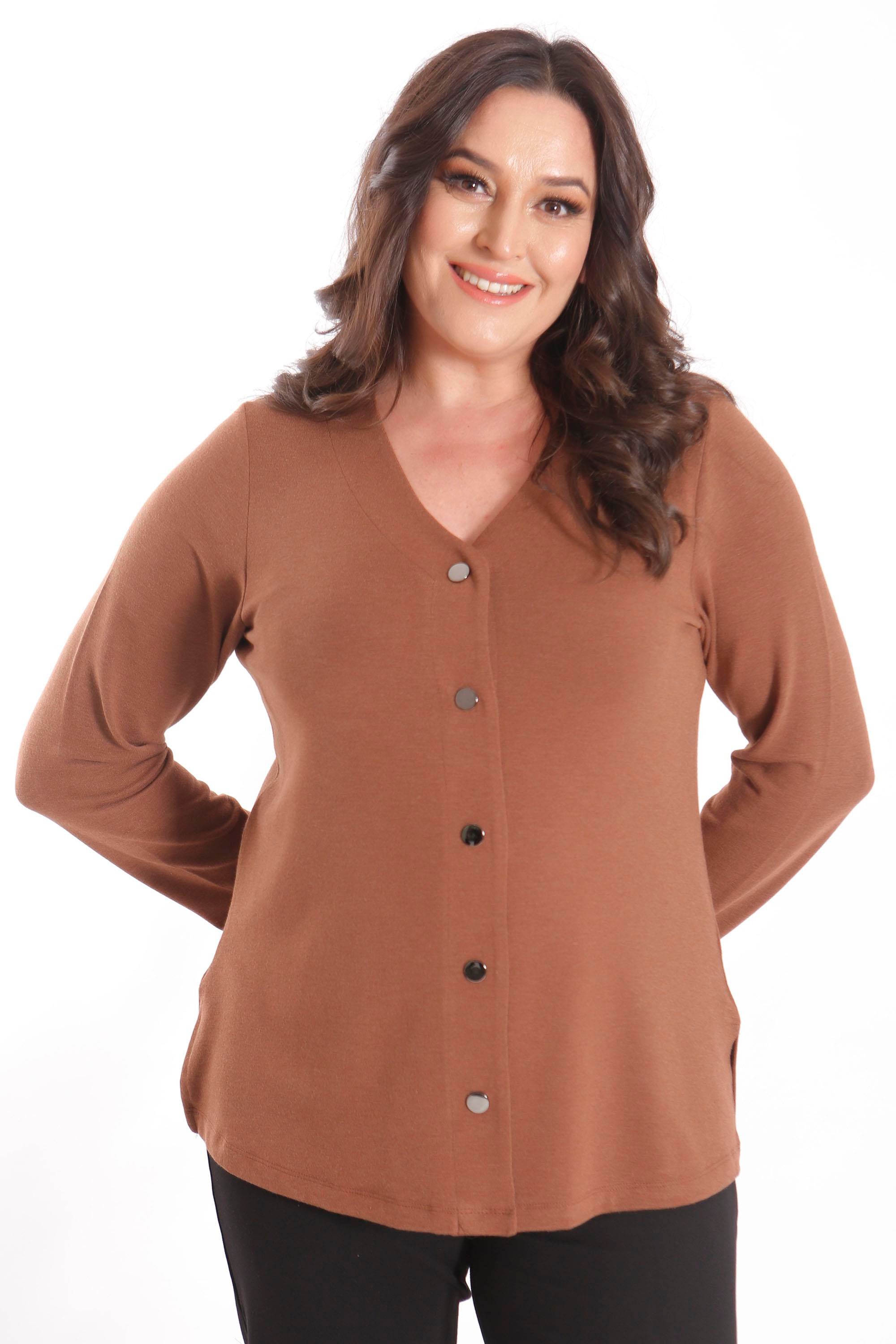 Trend42plus Büyük Beden Çıt Çıt Düğmeli Kahverengi Hırka