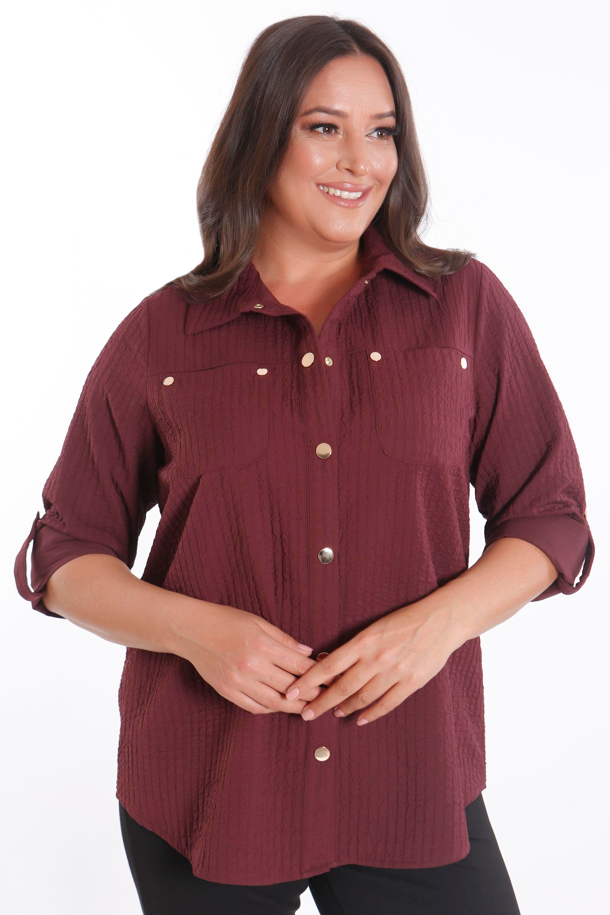 Trend42plus Büyük Beden Çıt Çıt Düğmeli ve Cep Detaylı Bordo Gömlek