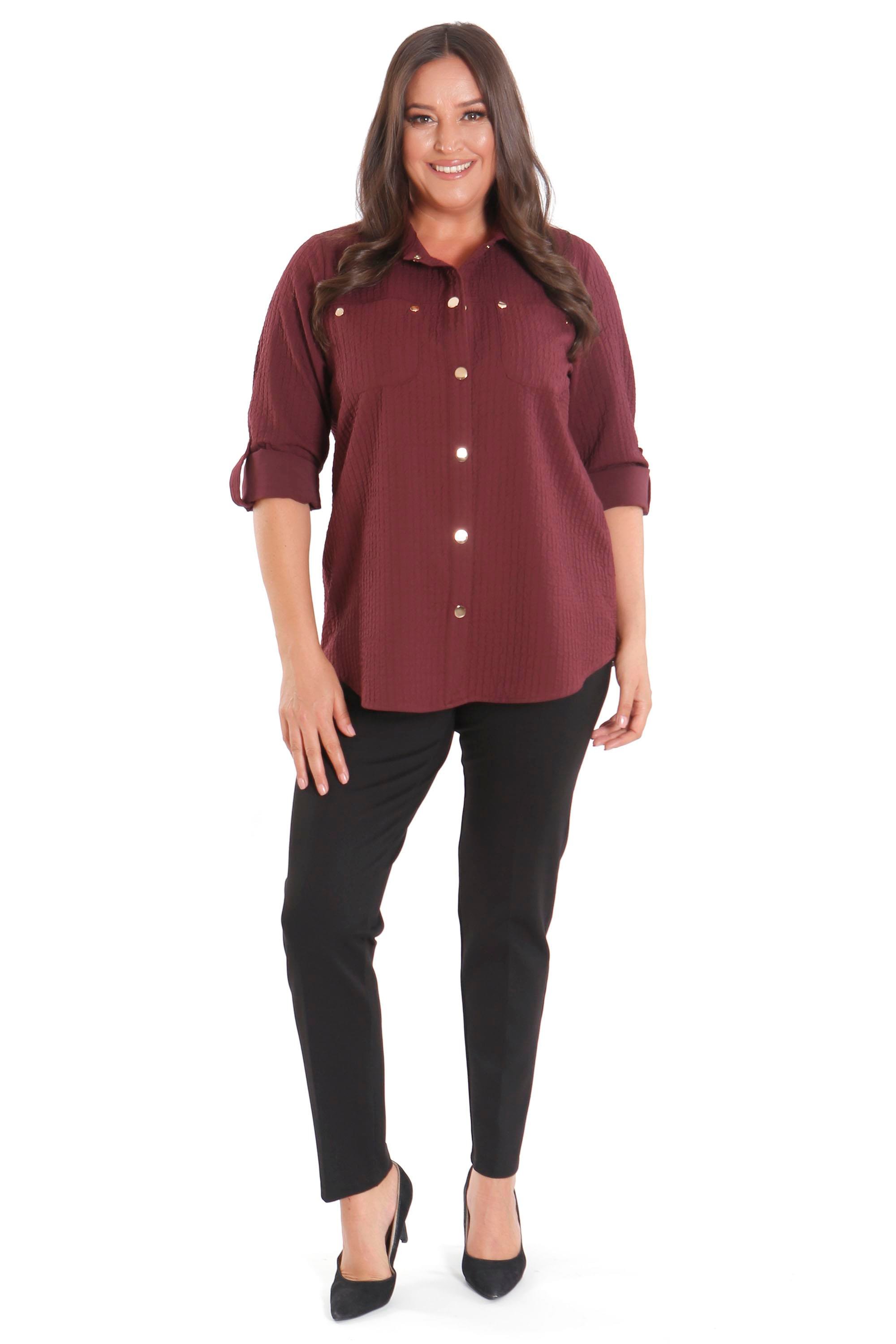 Trend42plus Büyük Beden Çıt Çıt Düğmeli ve Cep Detaylı Bordo Gömlek