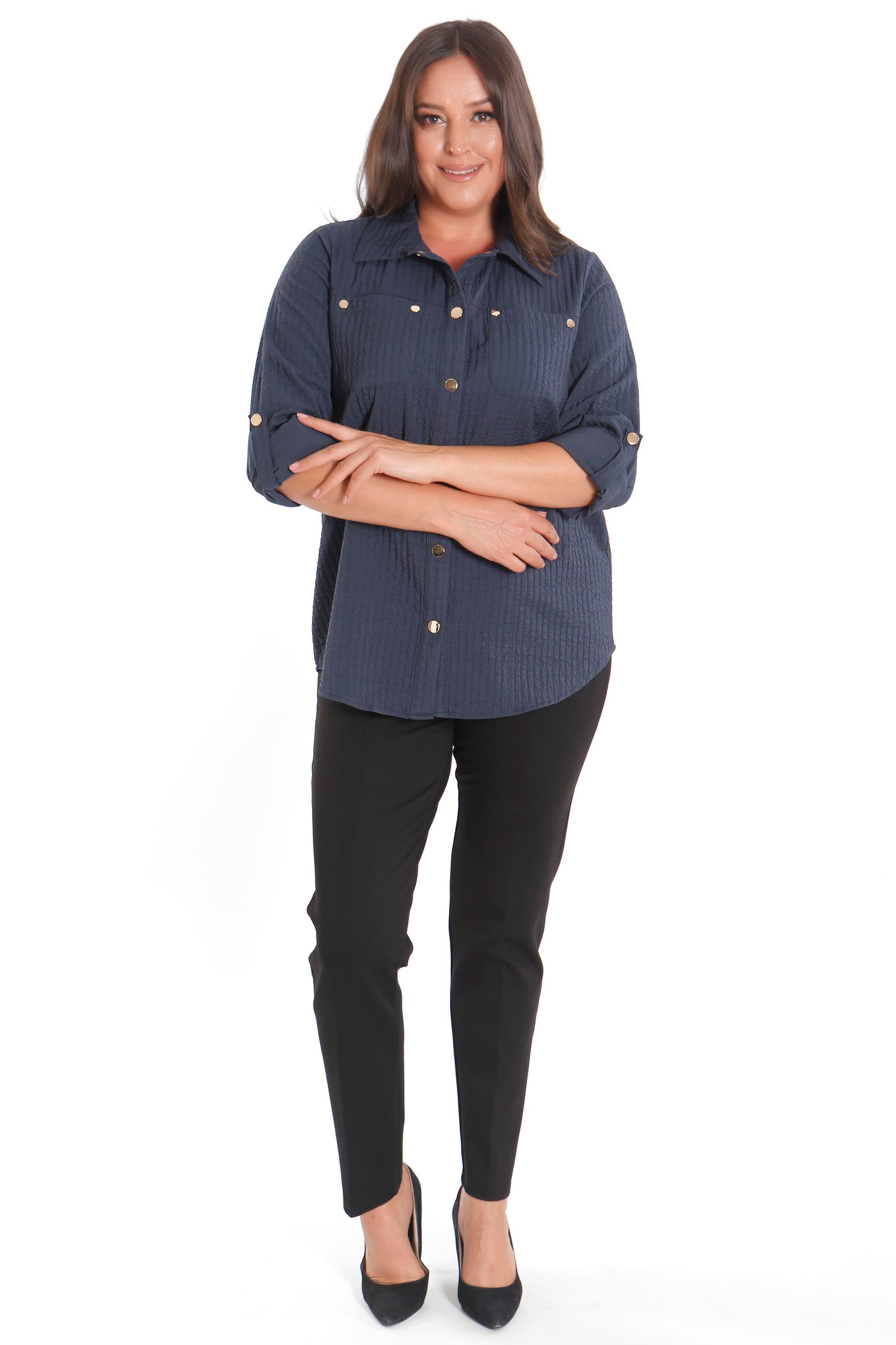 Trend42plus Büyük Beden Çıt Çıt Düğmeli ve Cep Detaylı Lacivert Gömlek