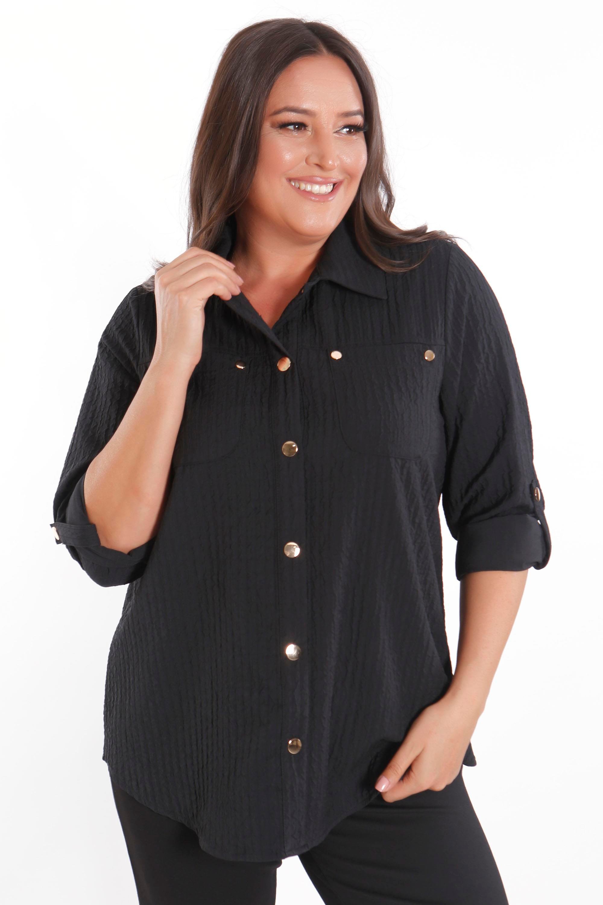 Trend42plus Büyük Beden Çıt Çıt Düğmeli ve Cep Detaylı Siyah Gömlek
