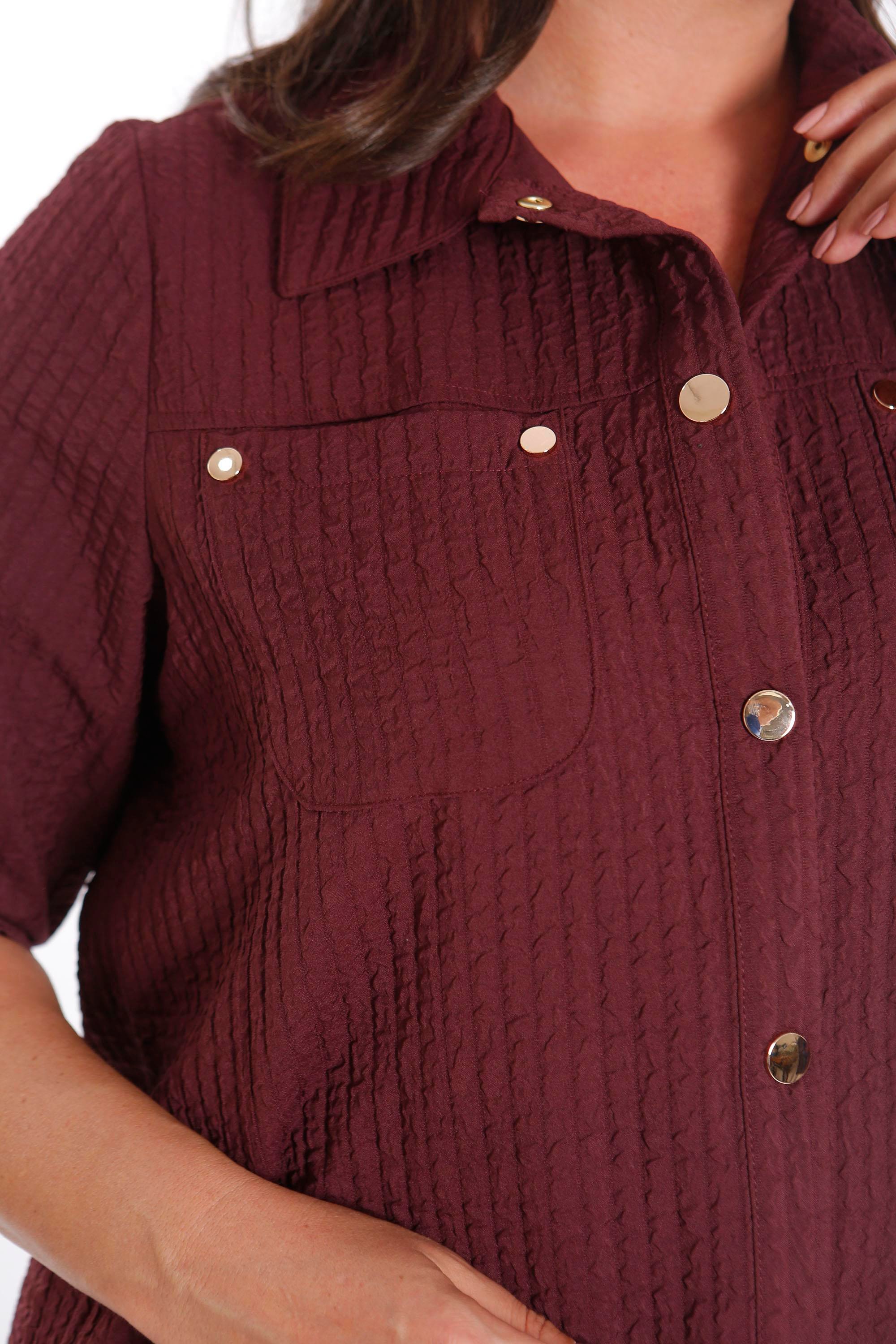 Trend42plus Büyük Beden Çıt Çıt Düğmeli ve Cep Detaylı Bordo Gömlek