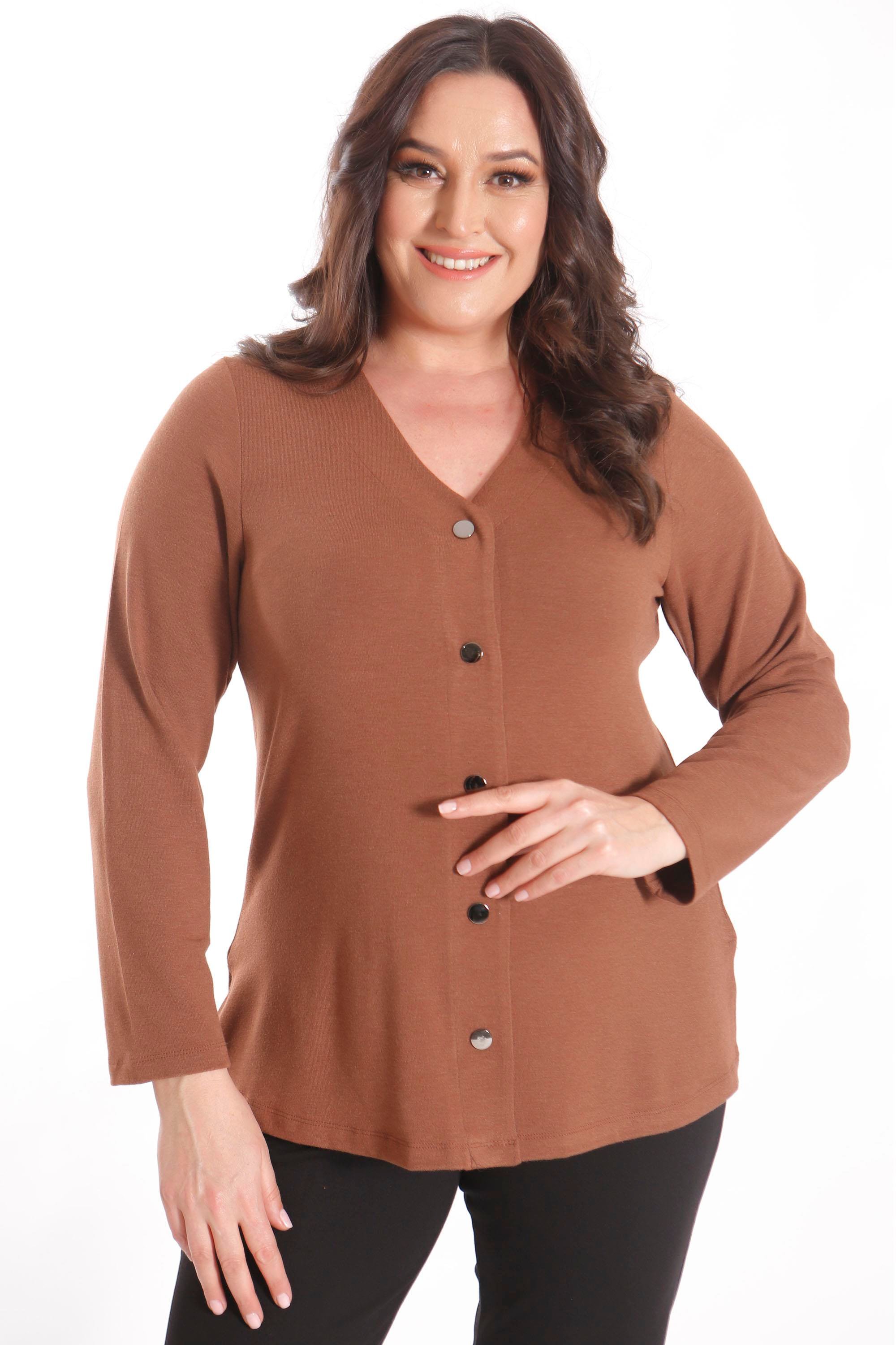 Trend42plus Büyük Beden Çıt Çıt Düğmeli Kahverengi Hırka