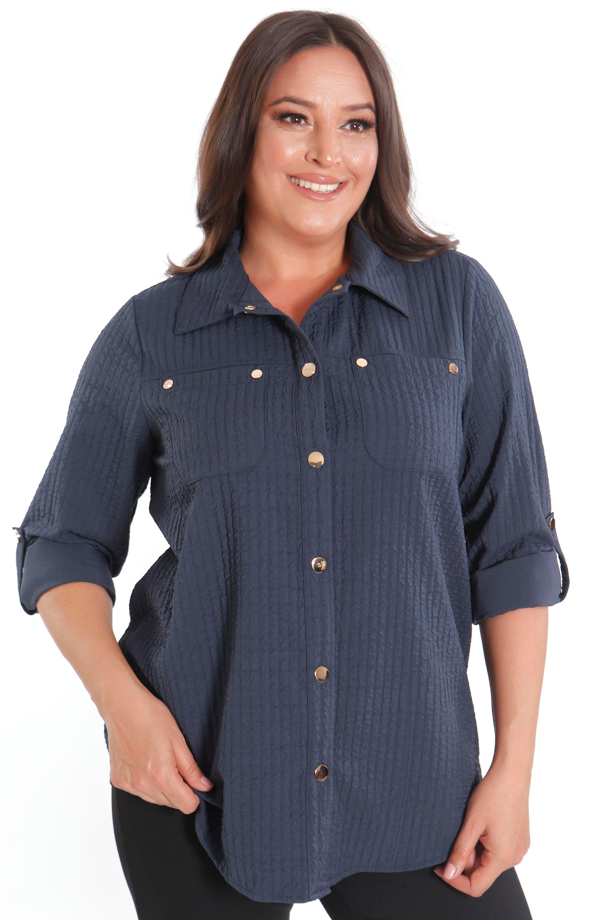 Trend42plus Büyük Beden Çıt Çıt Düğmeli ve Cep Detaylı Lacivert Gömlek