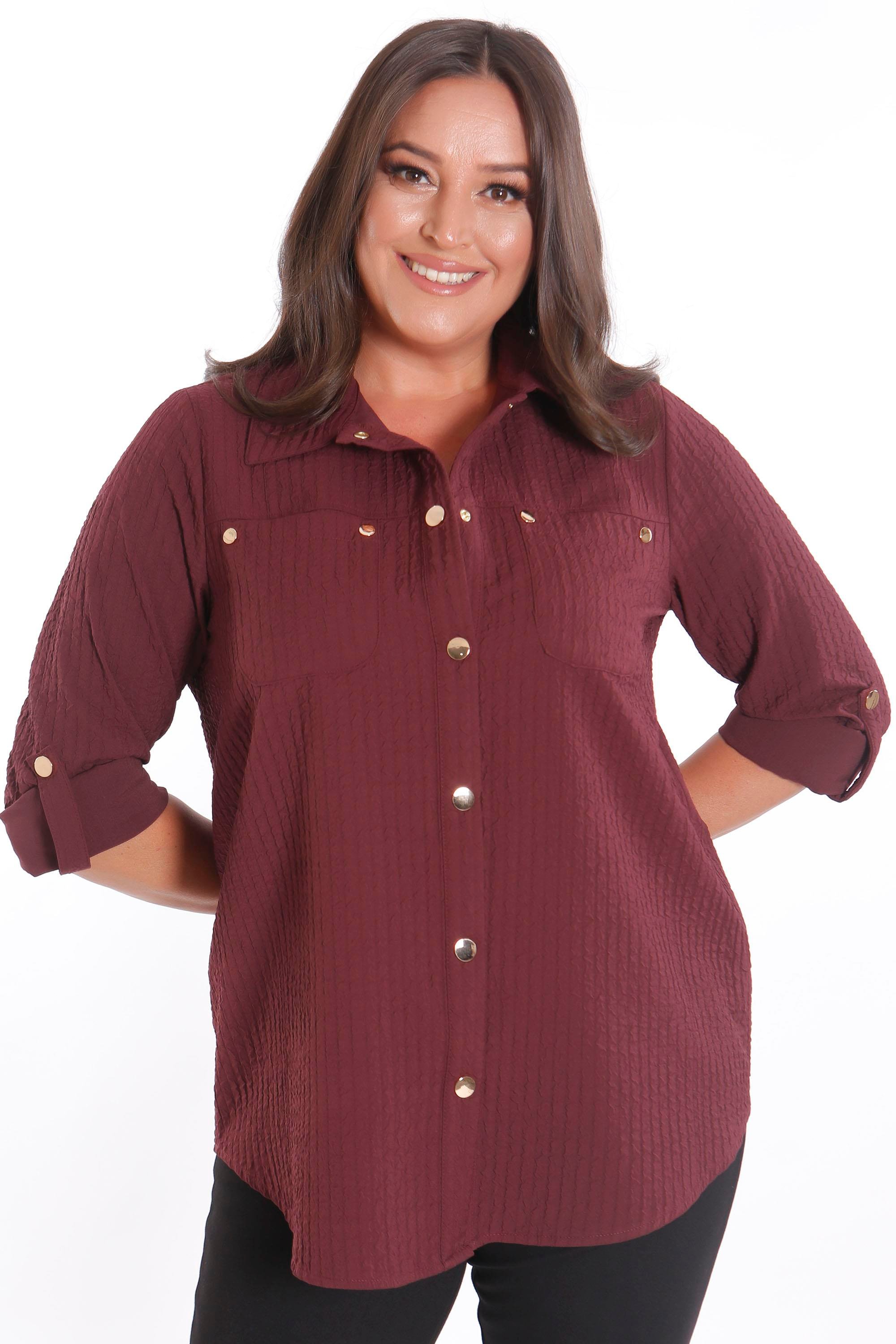 Trend42plus Büyük Beden Çıt Çıt Düğmeli ve Cep Detaylı Bordo Gömlek