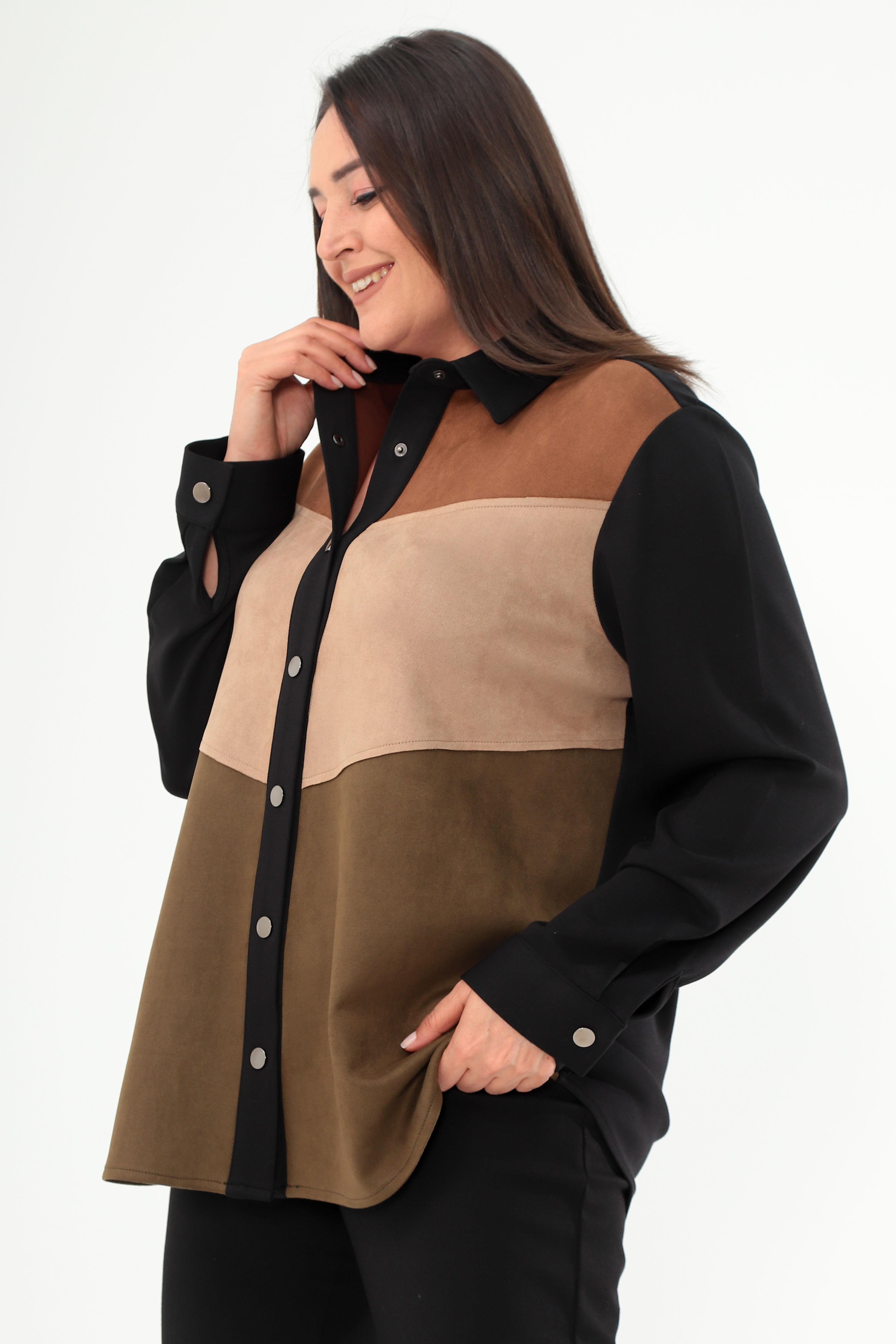 Trend42plus Büyük Beden Çıt Çıt Düğmeli Ön Süet Parçalı Siyah Gömlek