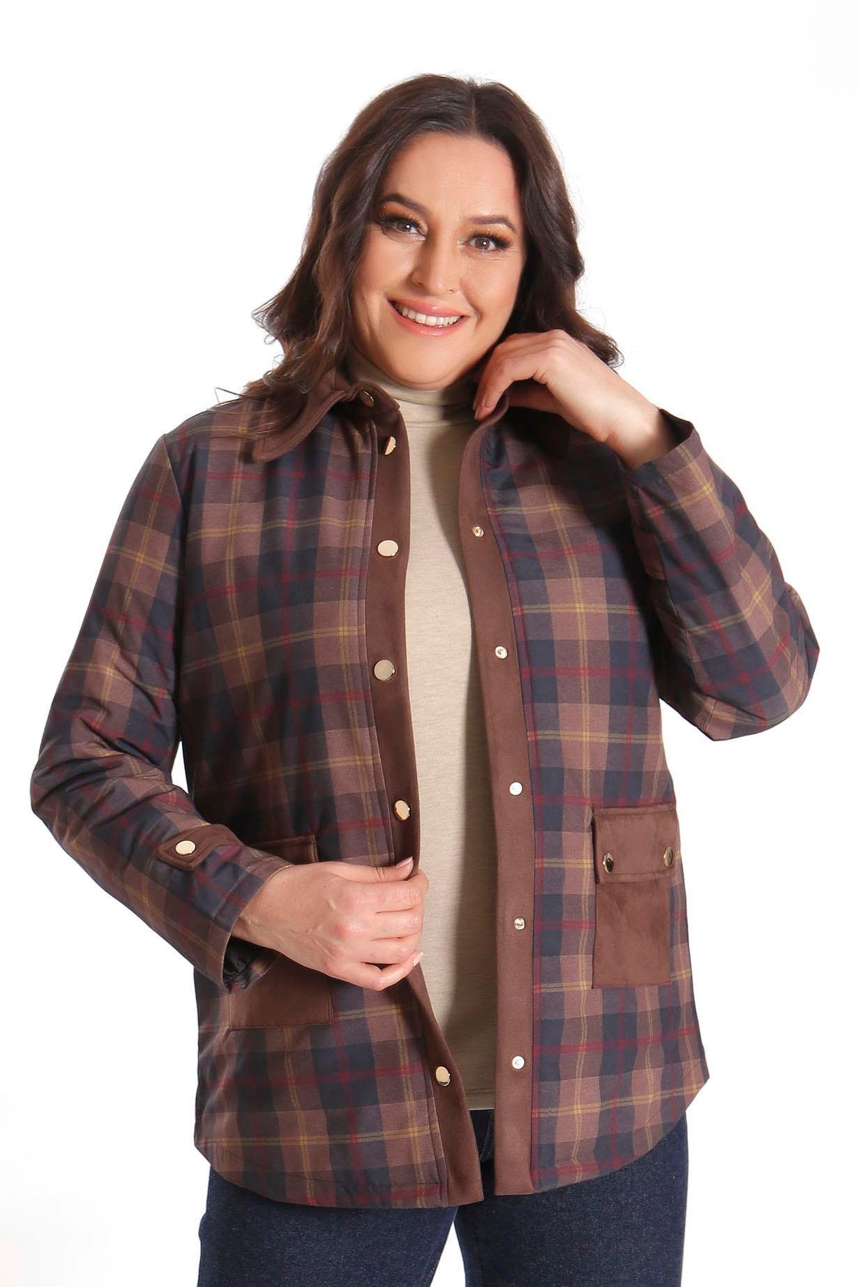 Trend42plus Büyük Beden Çıt Çıt Düğmeli Ekose Desenli Kahverengi Mont