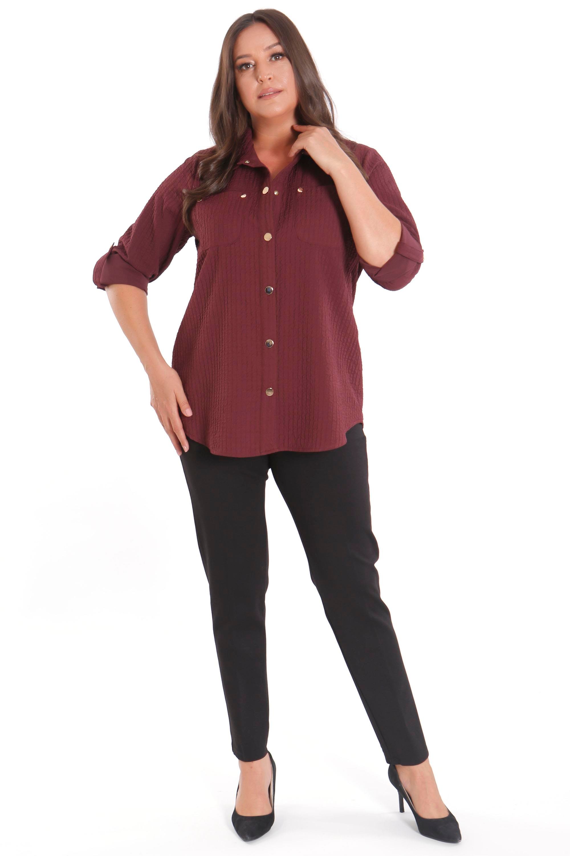 Trend42plus Büyük Beden Çıt Çıt Düğmeli ve Cep Detaylı Bordo Gömlek
