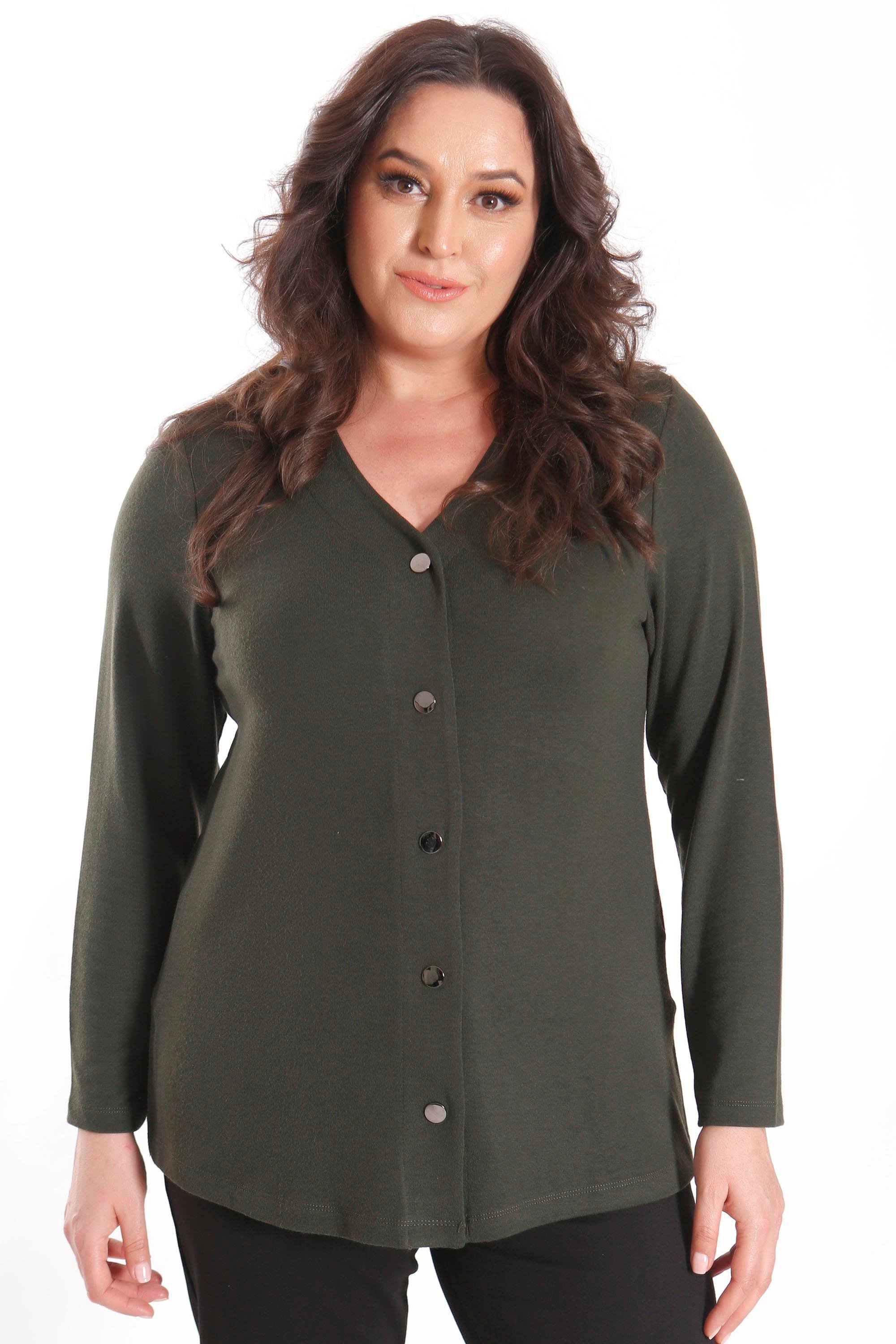 Trend42plus Büyük Beden Çıt Çıt Düğmeli Haki Hırka