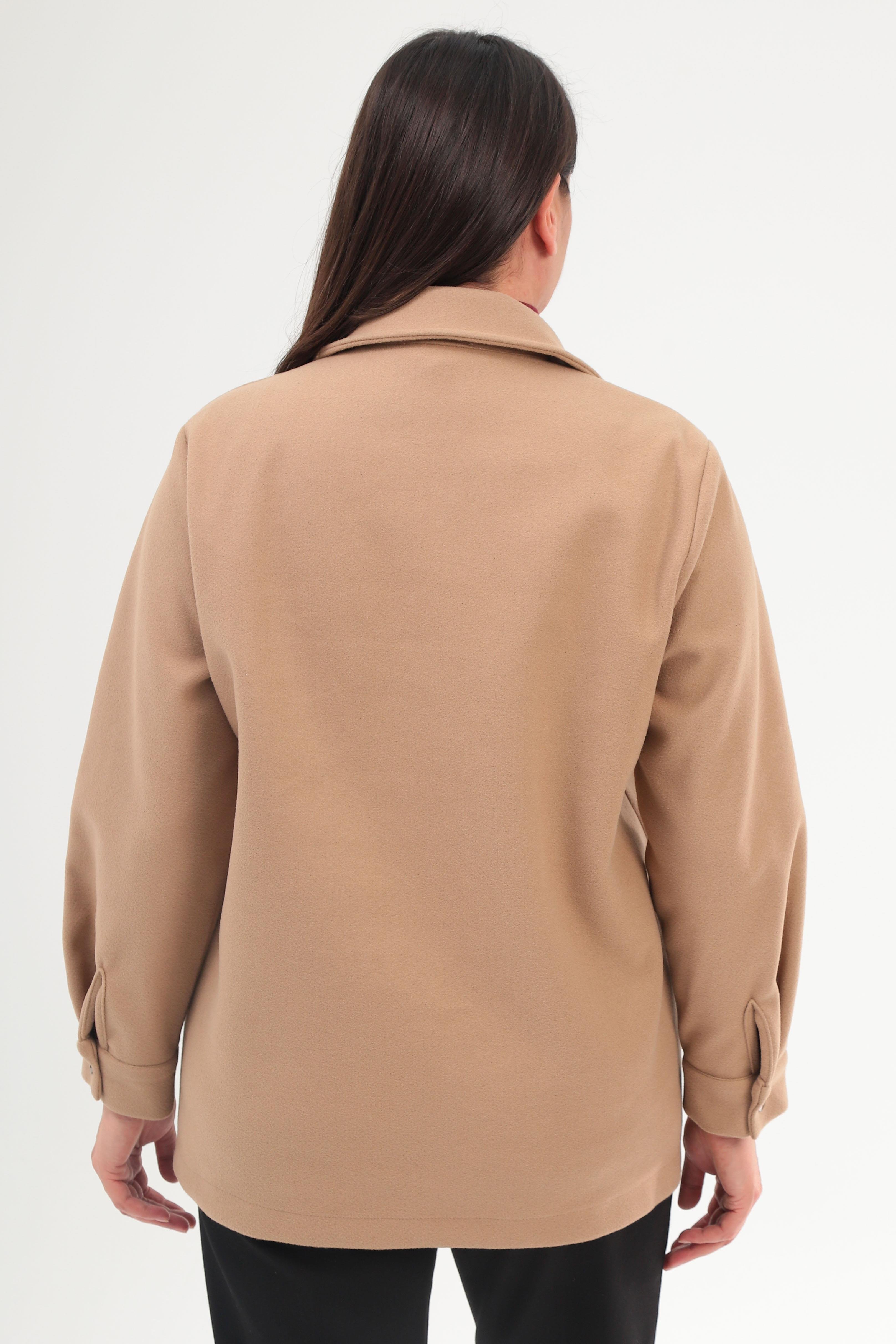 Trend42plus Büyük Beden Çıt Çıt Düğmeli Cep Detaylı Kaşe Bej Ceket