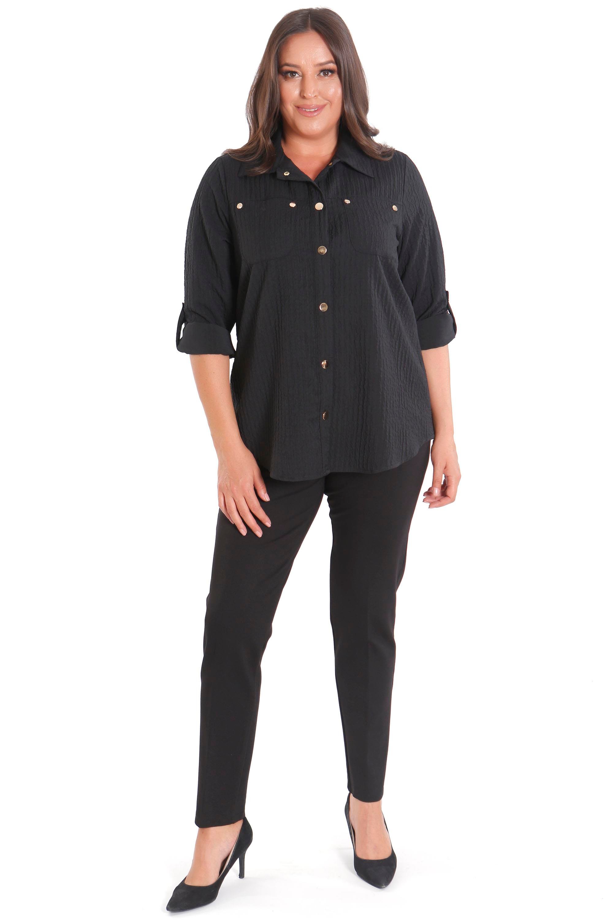 Trend42plus Büyük Beden Çıt Çıt Düğmeli ve Cep Detaylı Siyah Gömlek