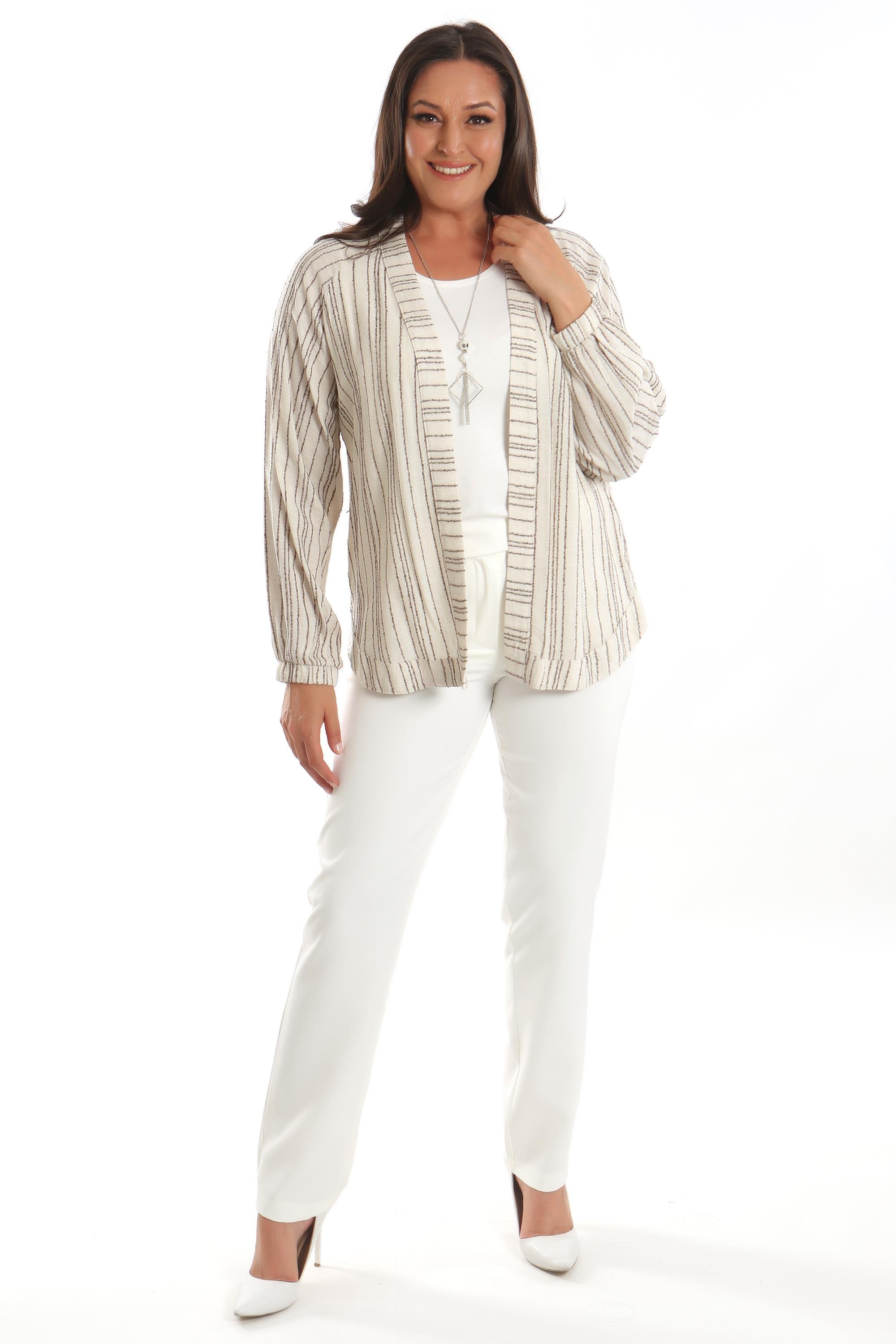 Trend42plus Büyük Beden Çizgili Oversize  Siyah Ceket