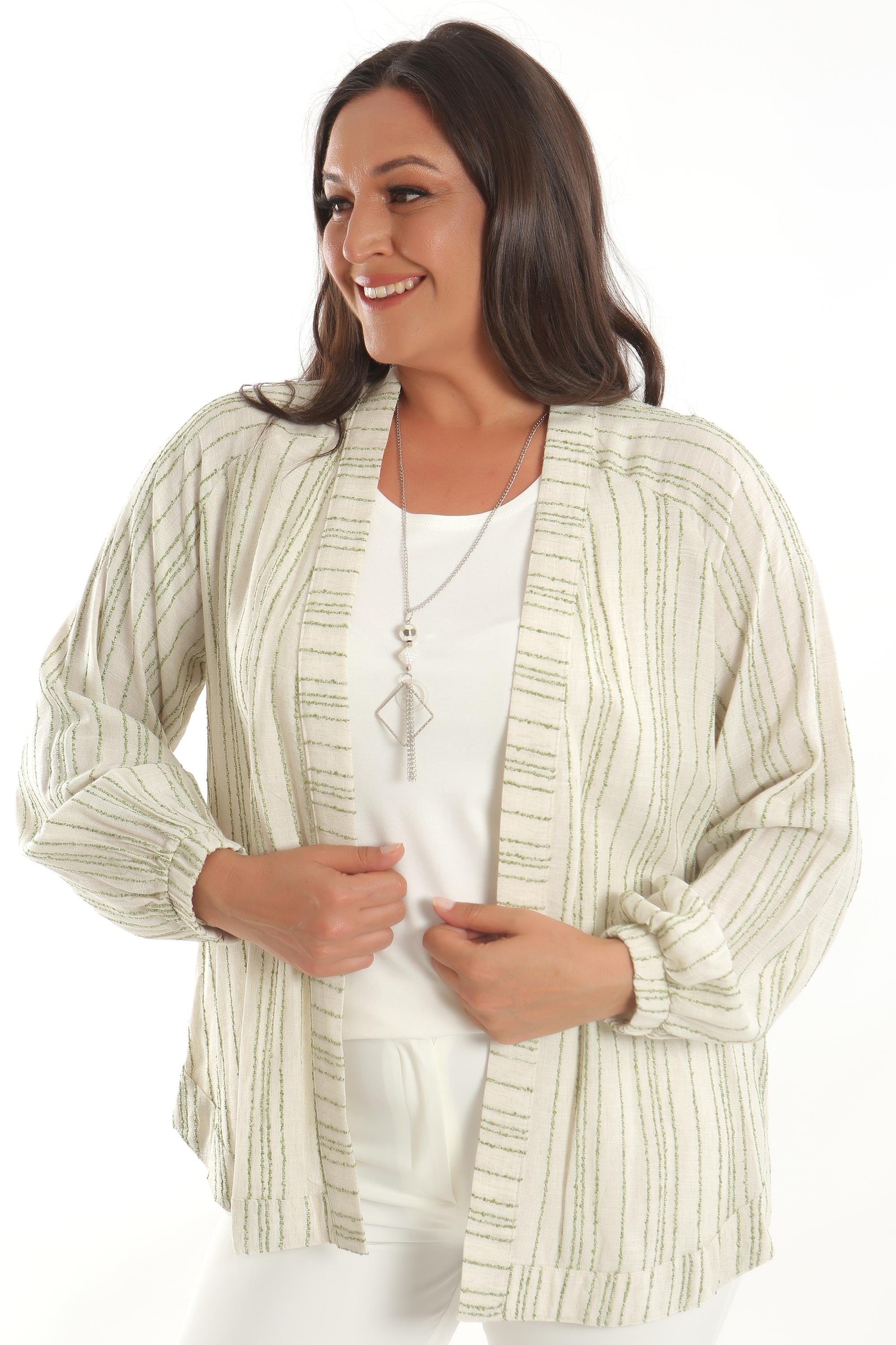 Trend42plus Büyük Beden Çizgili Oversize  Yeşil Ceket