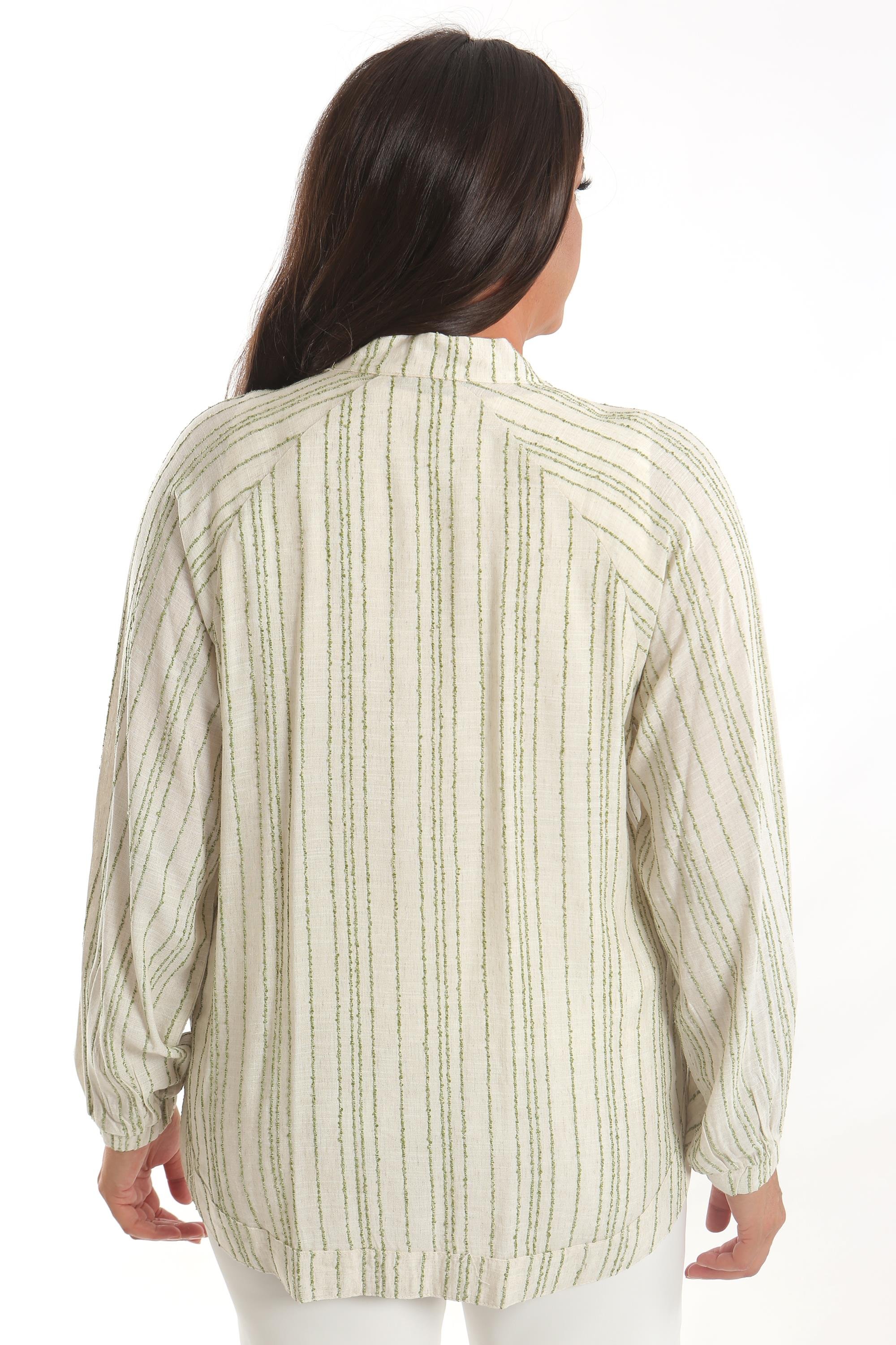 Trend42plus Büyük Beden Çizgili Oversize  Yeşil Ceket