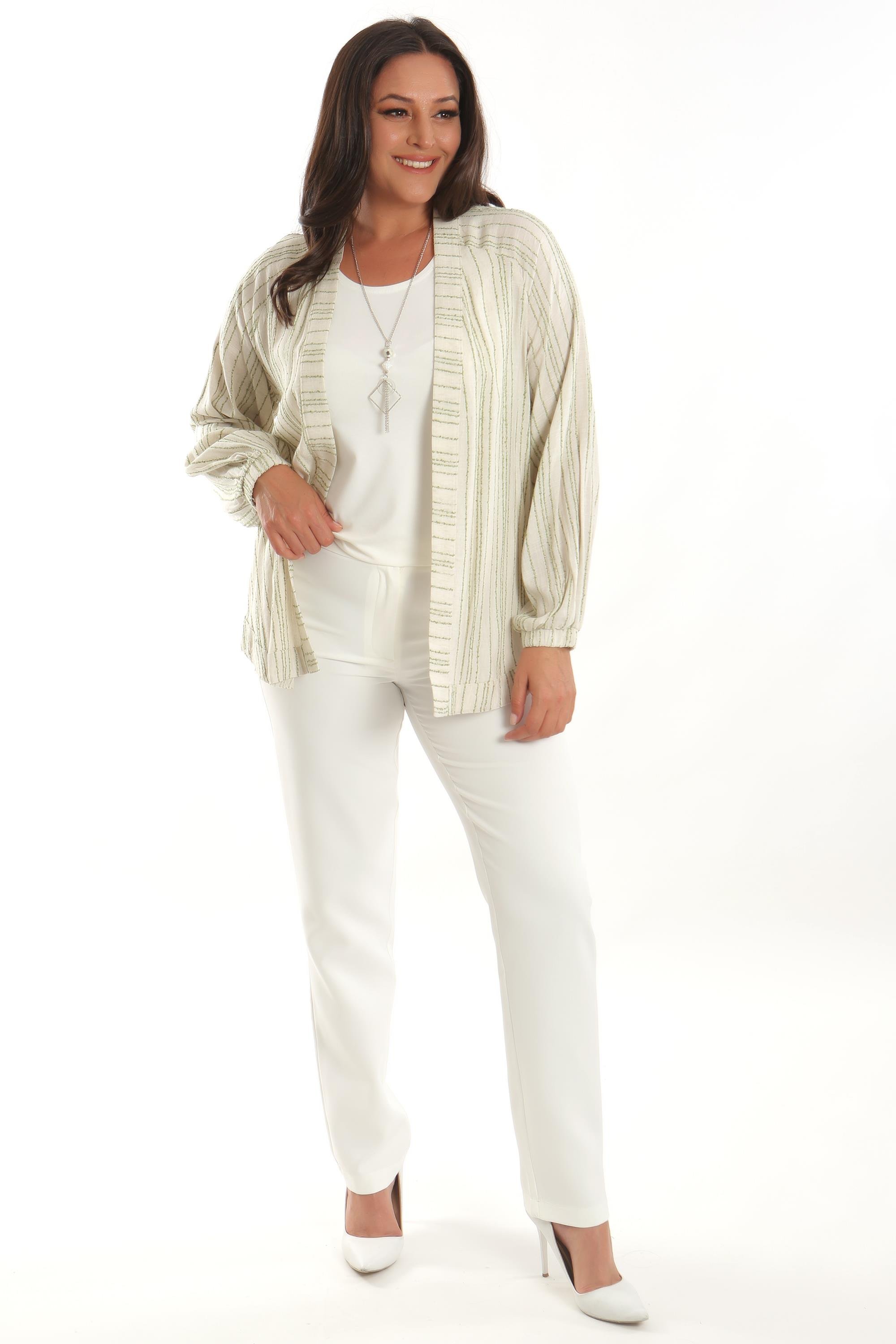 Trend42plus Büyük Beden Çizgili Oversize  Yeşil Ceket