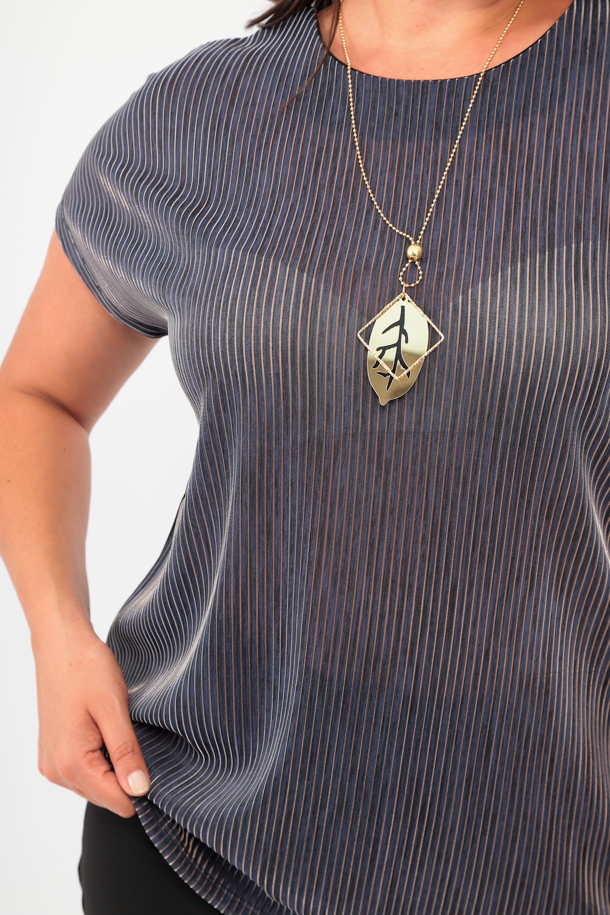 Trend42plus Büyük Beden Çizgili Simli Düşük Kol Lacivert Abiye Bluz 