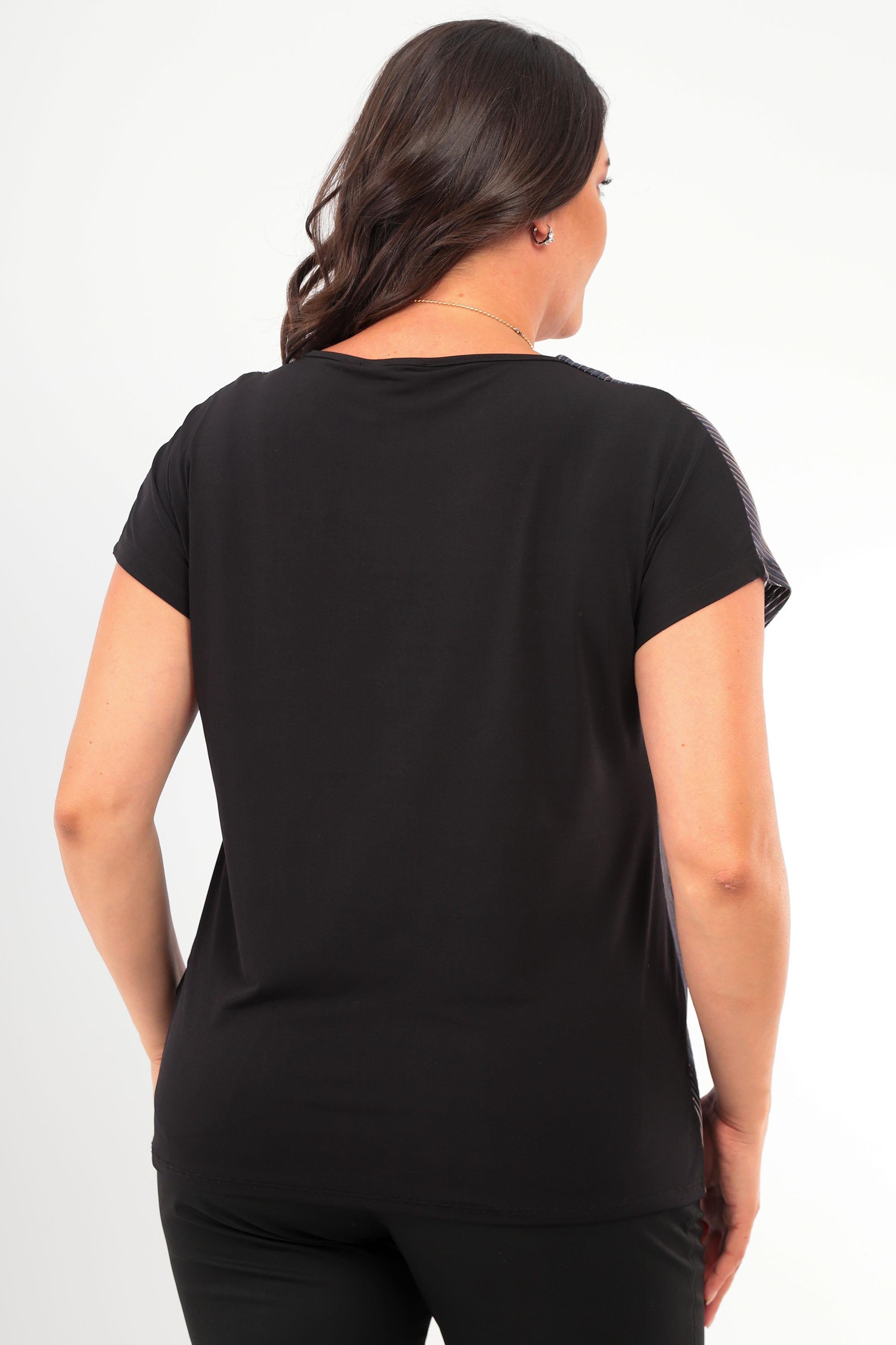 Trend42plus Büyük Beden Çizgili Simli Düşük Kol Lacivert Abiye Bluz 