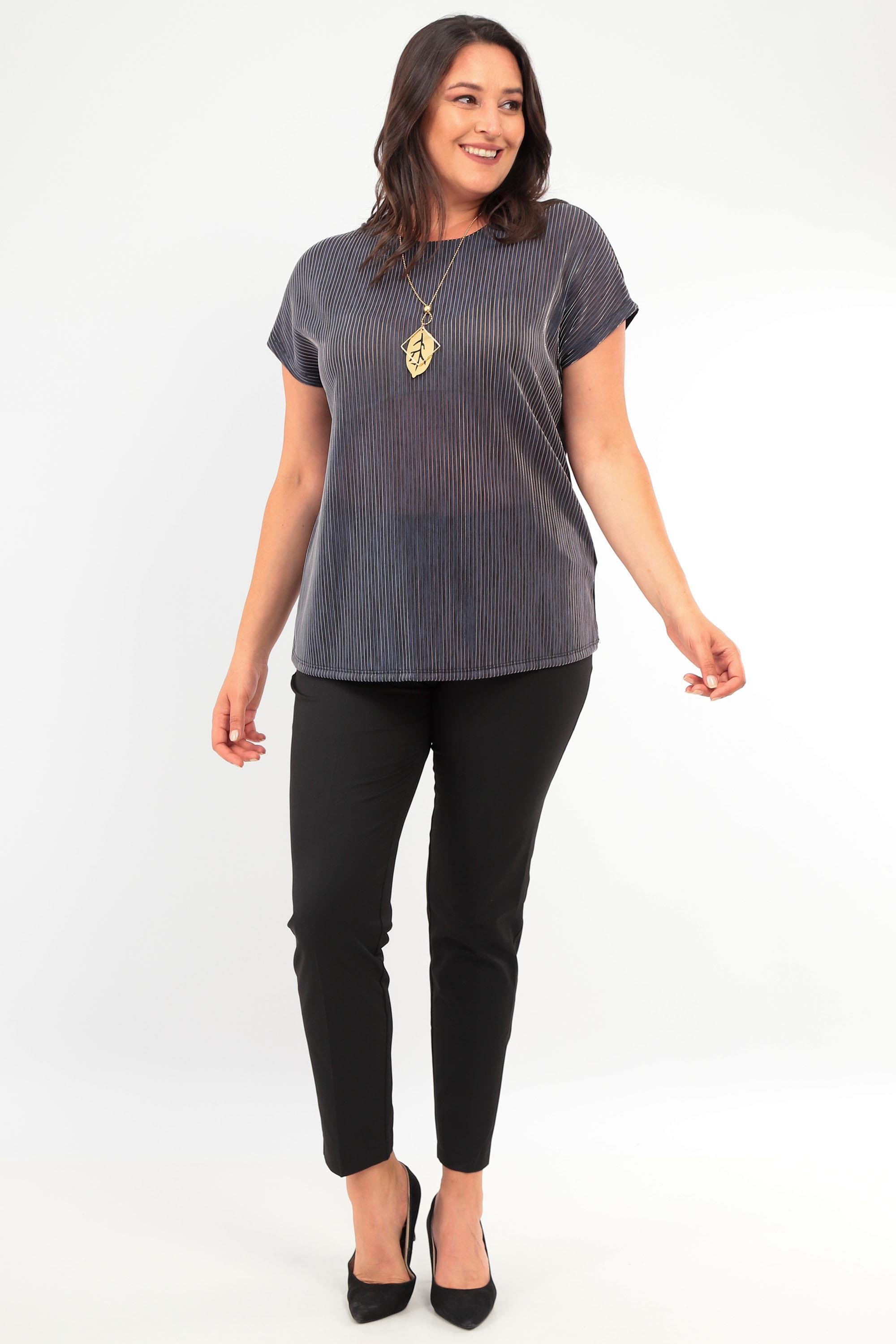 Trend42plus Büyük Beden Çizgili Simli Düşük Kol Lacivert Abiye Bluz 