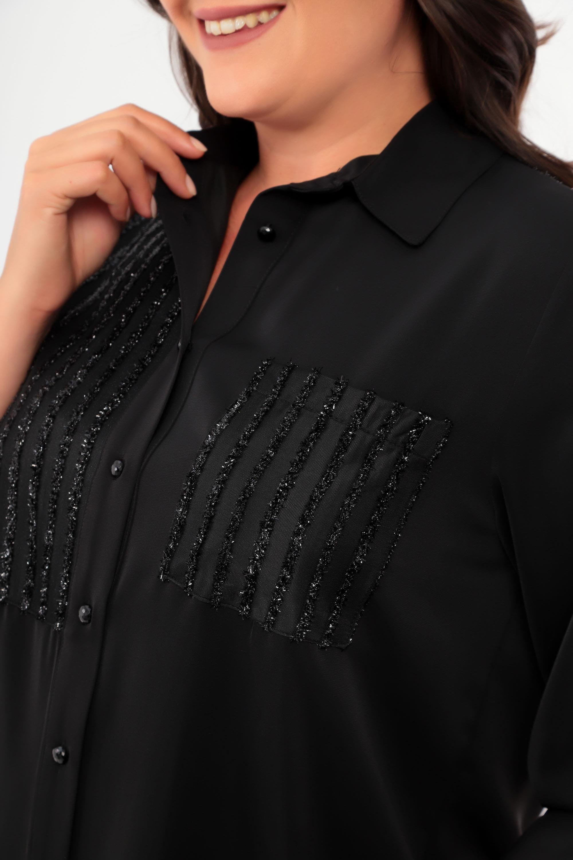 Trend42plus Büyük Beden Çizgili Simli Cepli Siyah Gömlek