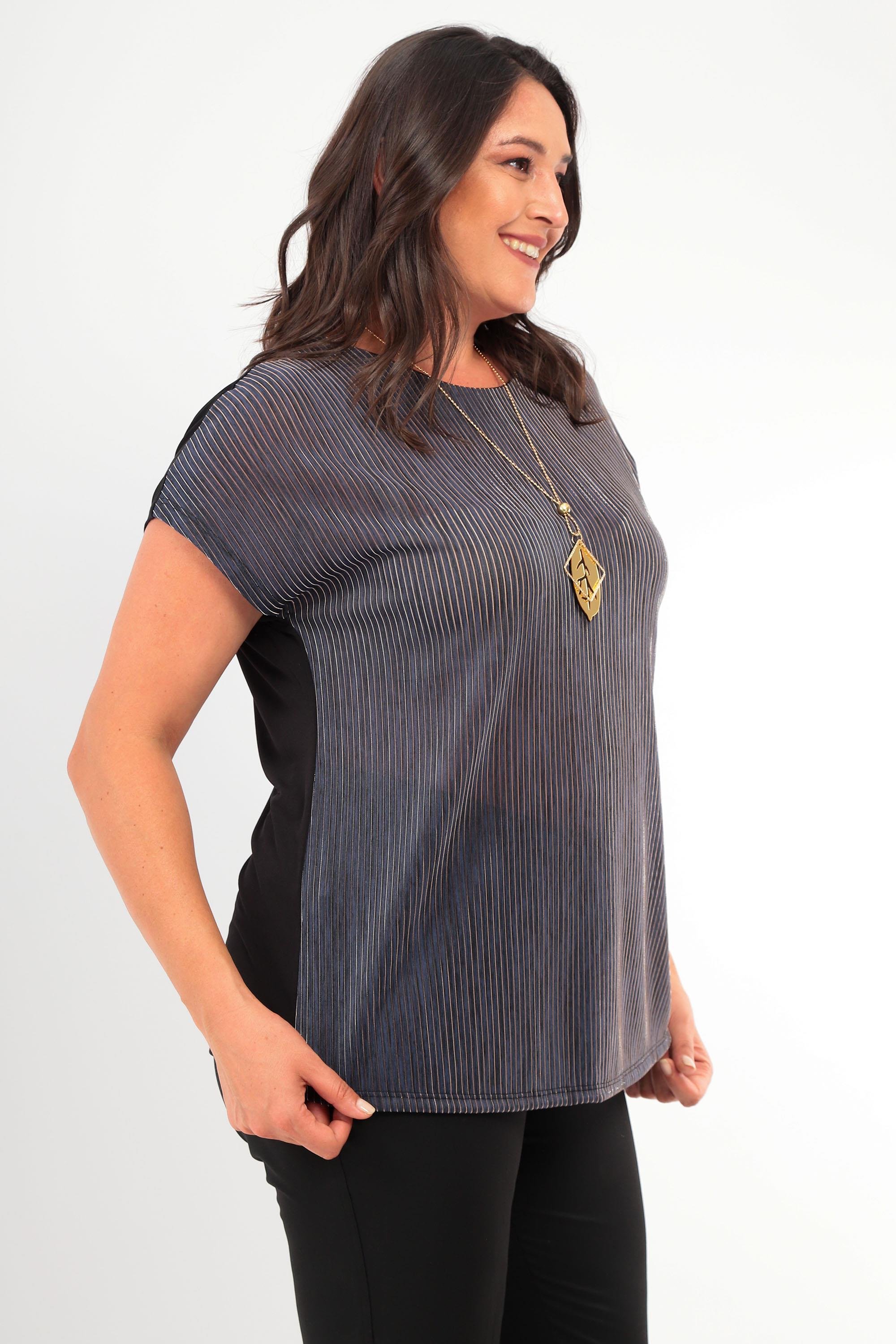 Trend42plus Büyük Beden Çizgili Simli Düşük Kol Lacivert Abiye Bluz 