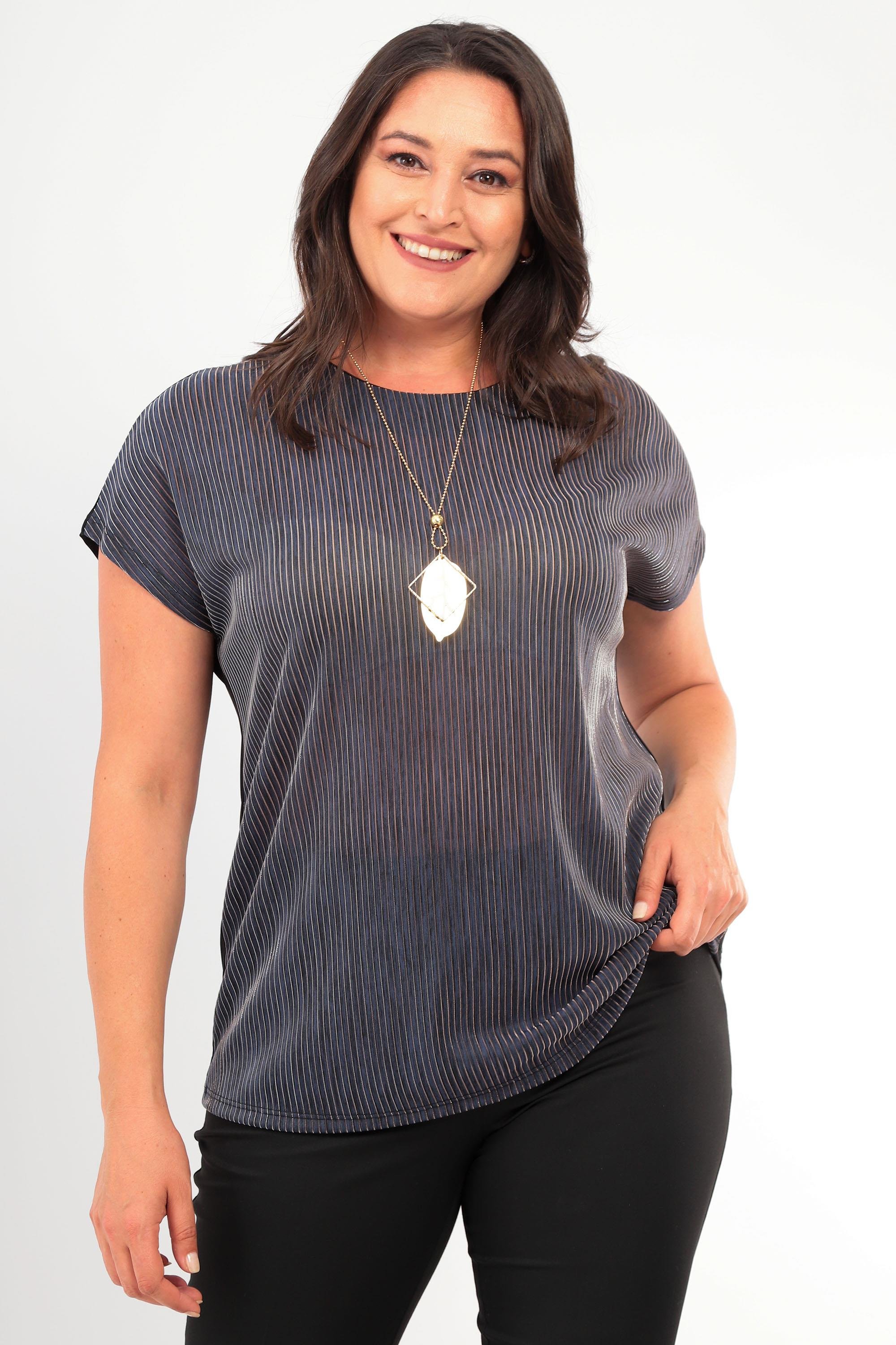 Trend42plus Büyük Beden Çizgili Simli Düşük Kol Lacivert Abiye Bluz 