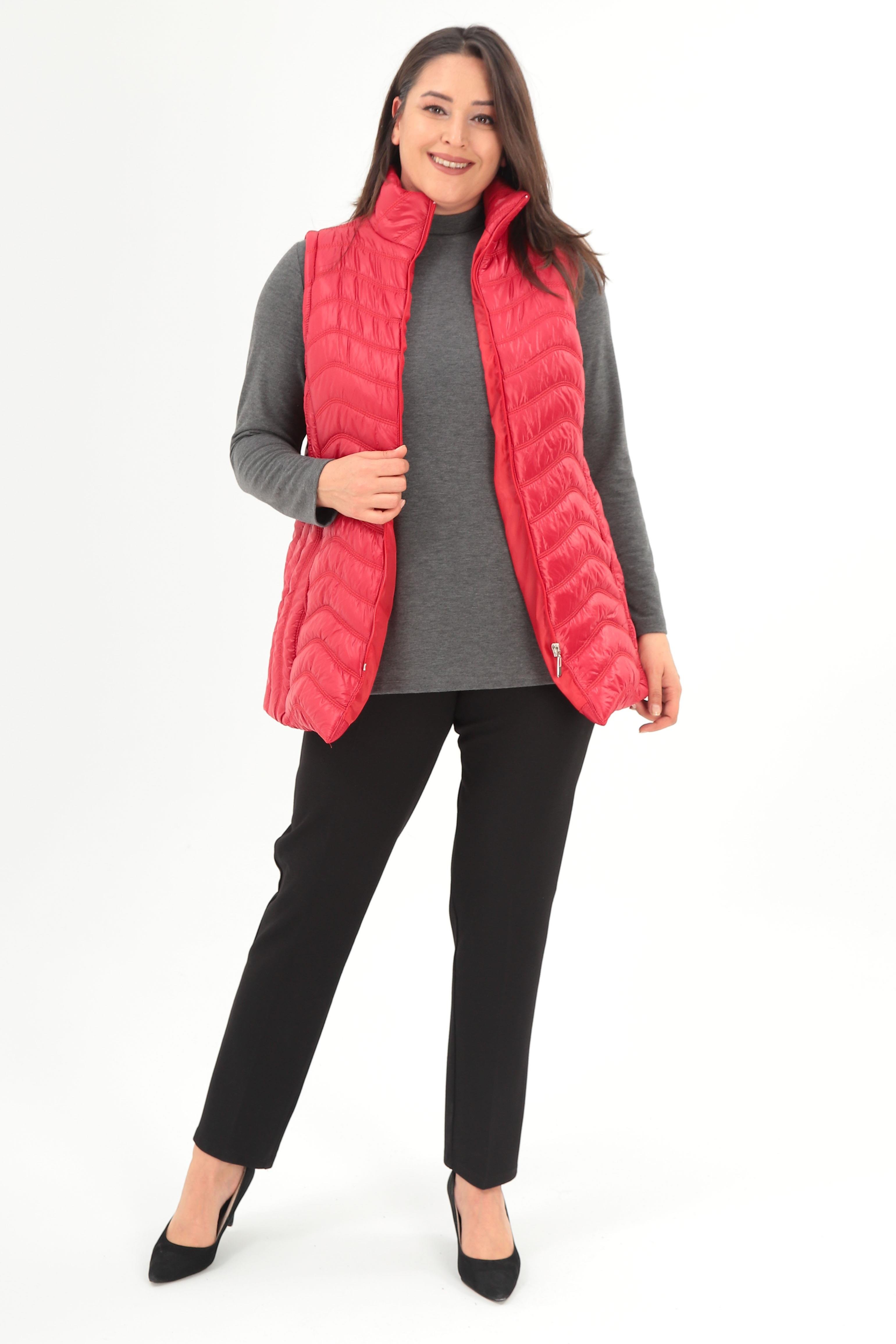 Trend42plus Büyük Beden Dalga Desen Kapitone Kırmızı Yelek