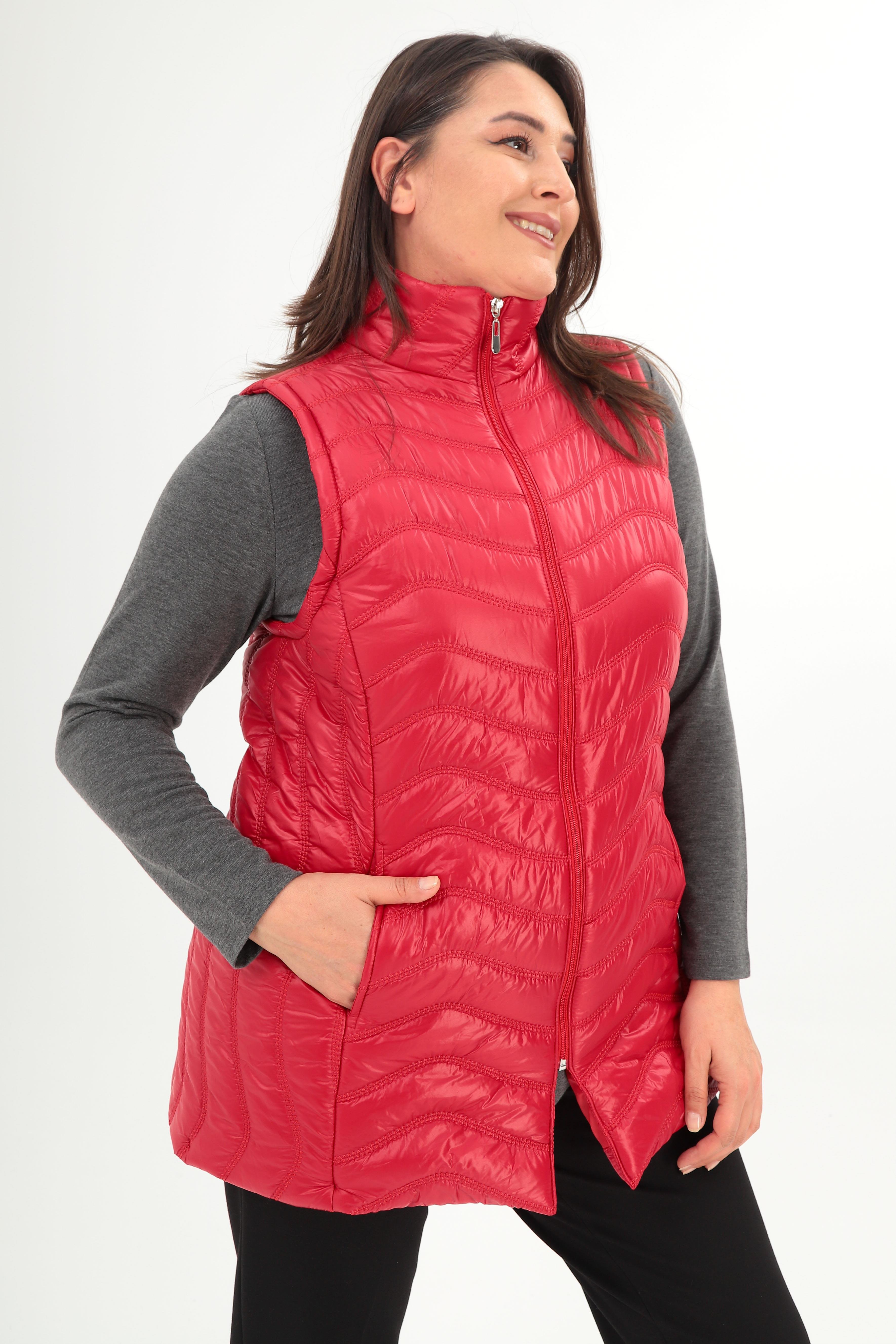 Trend42plus Büyük Beden Dalga Desen Kapitone Kırmızı Yelek