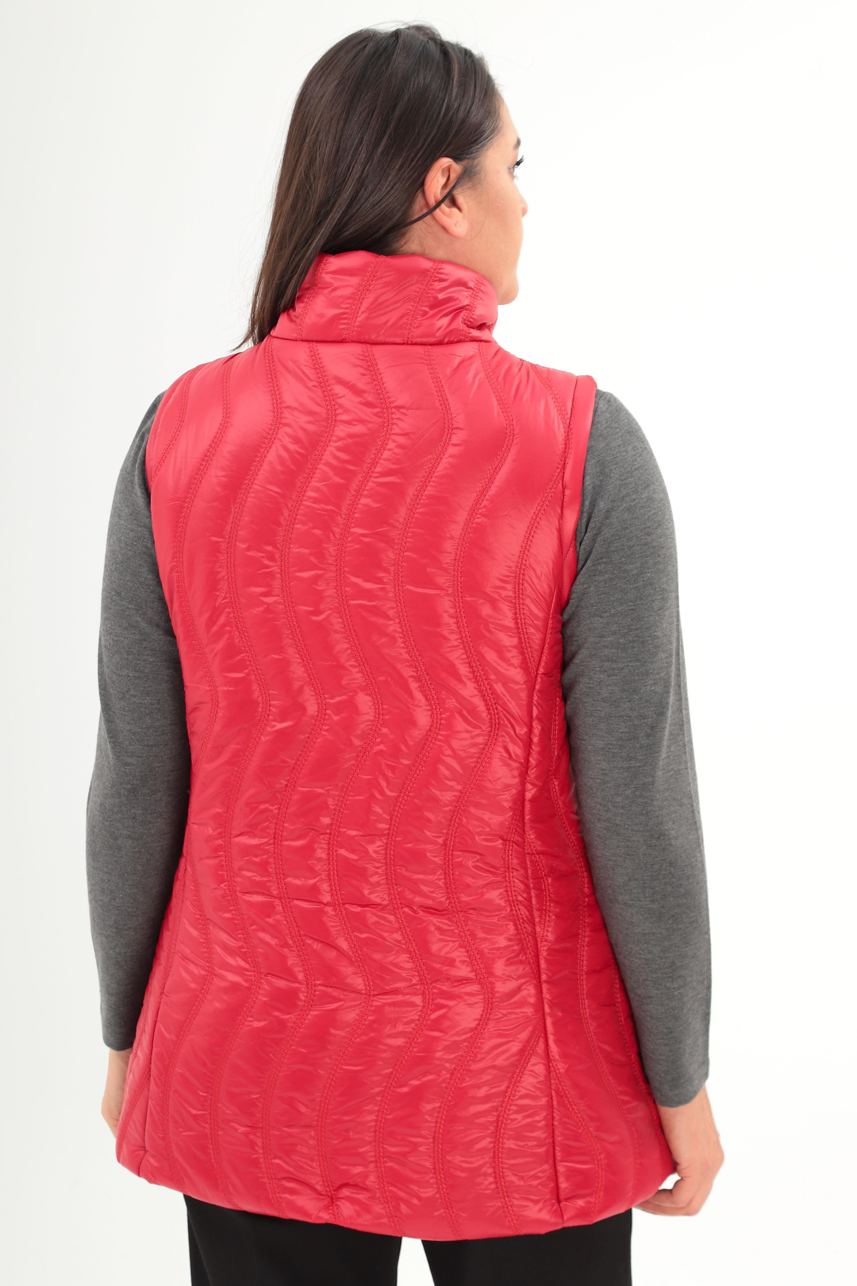 Trend42plus Büyük Beden Dalga Desen Kapitone Kırmızı Yelek