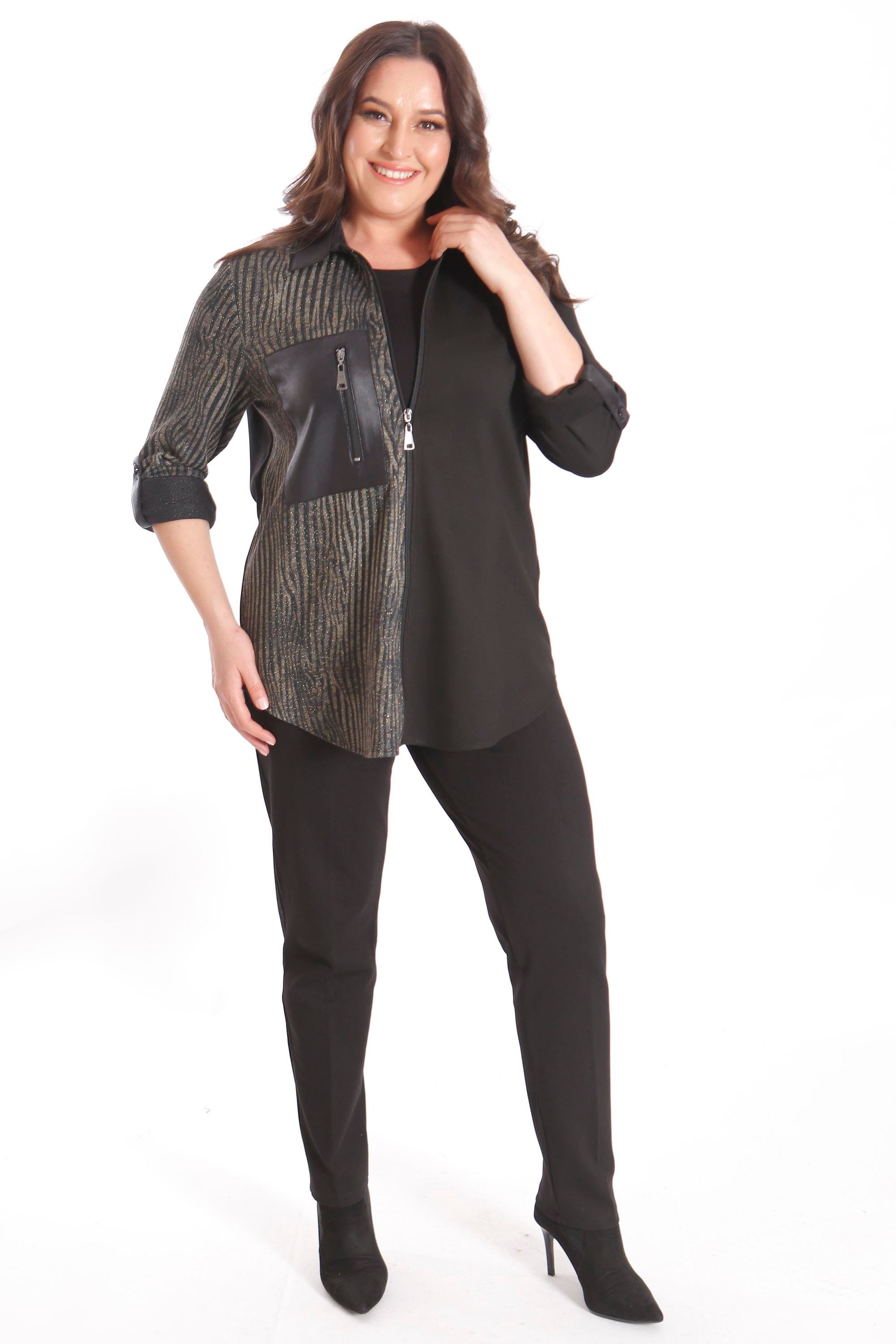 Trend42plus Büyük Beden Dalga Desenli Cep Detaylı Fermuarlı Örme Siyah Gömlek