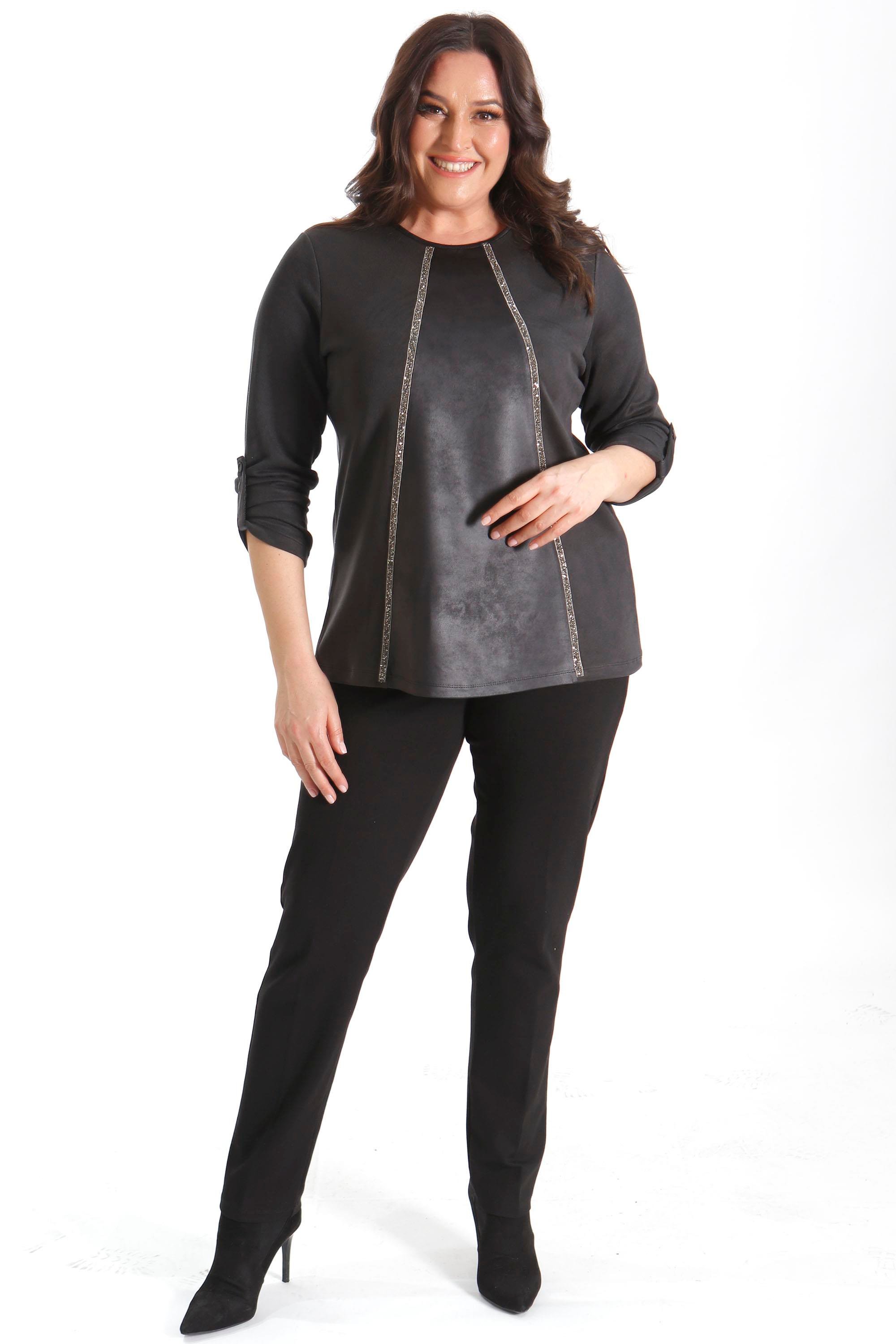 Trend42plus Büyük Beden Deri Parçalı Taş Şeritli Siyah Bluz