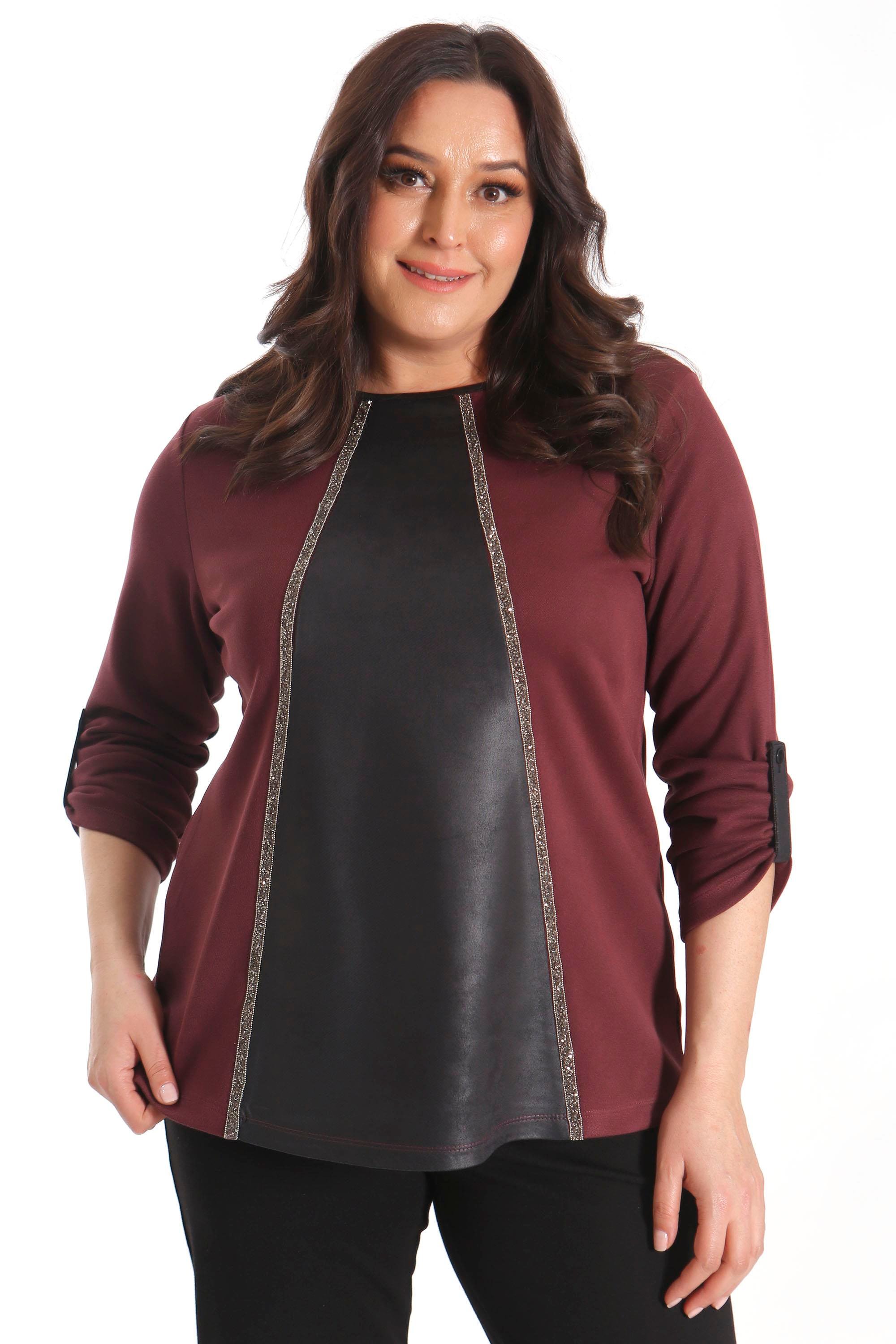 Trend42plus Büyük Beden Deri Parçalı Taş Şeritli Bordo Bluz