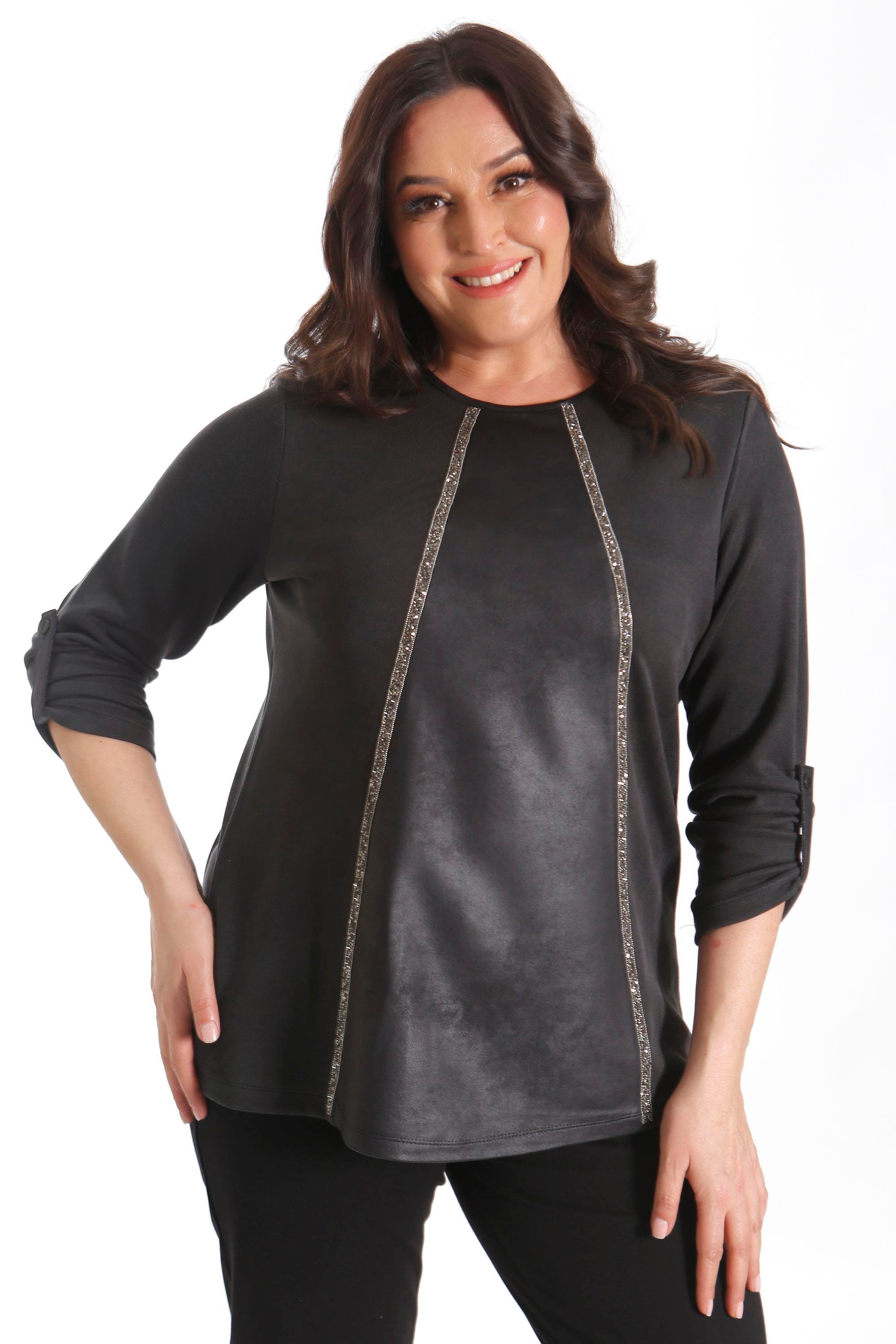 Trend42plus Büyük Beden Deri Parçalı Taş Şeritli Siyah Bluz