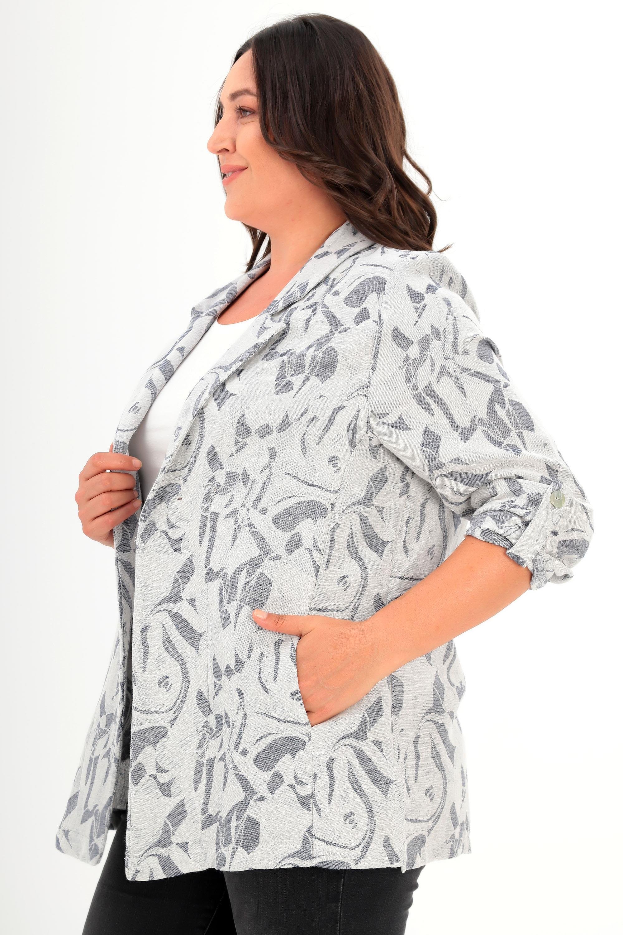 Trend42plus Büyük Beden Desenli Kruvaze Lacivert Ceket