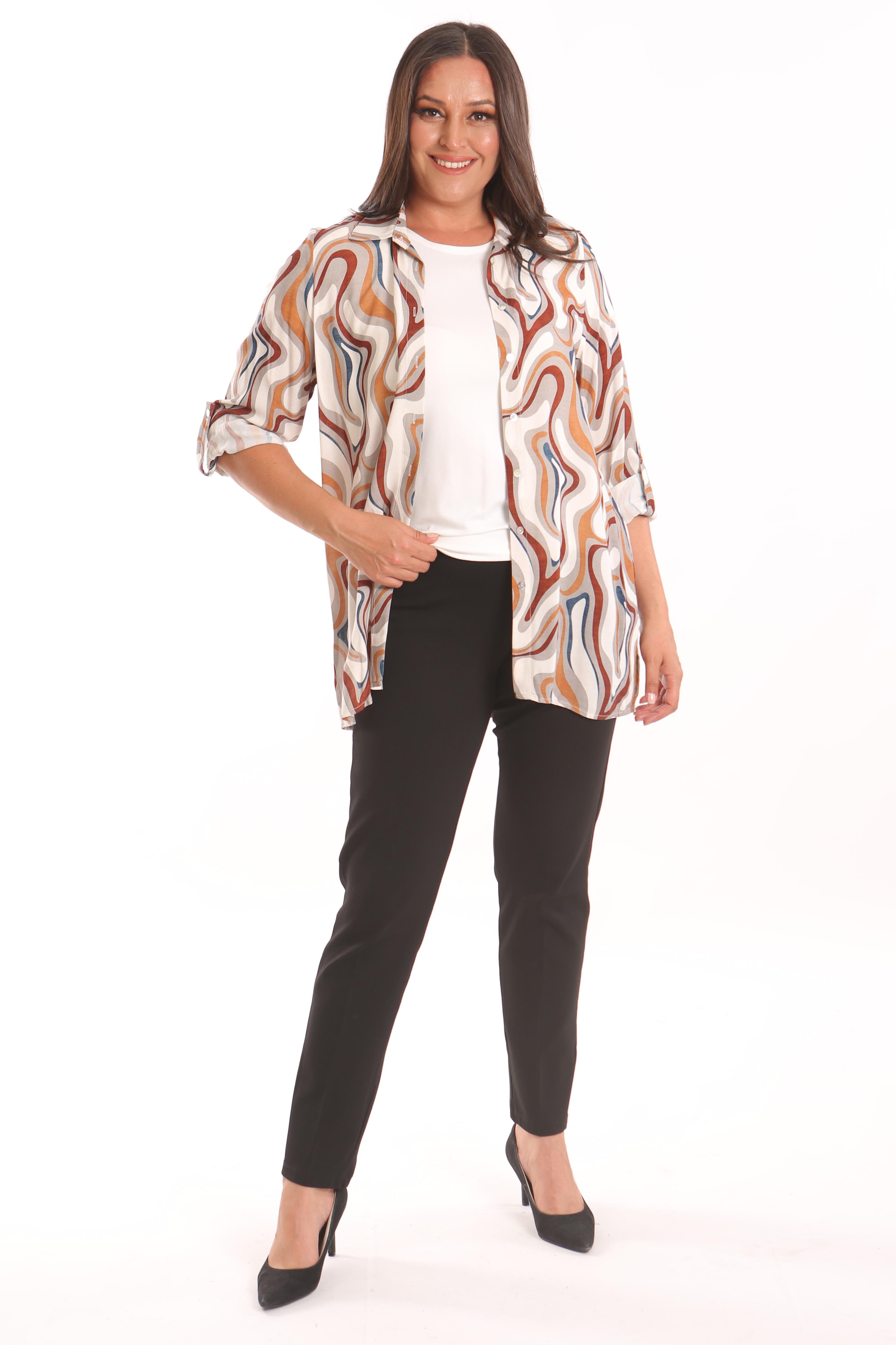 Trend42plus Büyük Beden Desenli Viskon Gömlek Bluz Gri İkili Takım