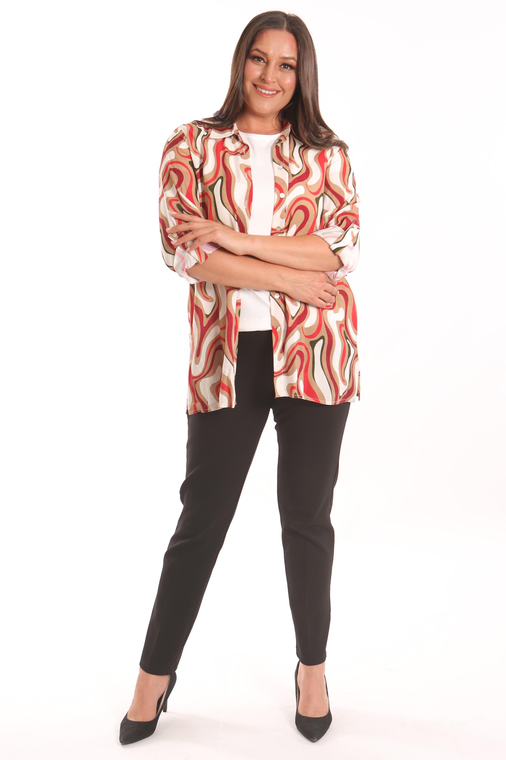 Trend42plus Büyük Beden Desenli Viskon Gömlek Bluz Bordo İkili Takım