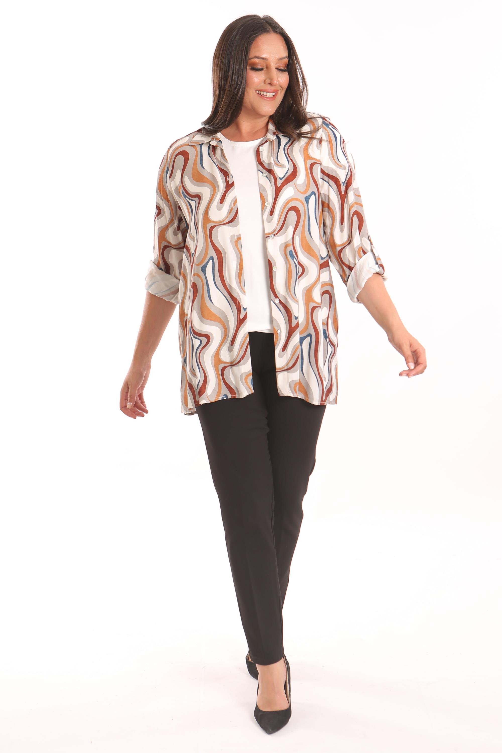 Trend42plus Büyük Beden Desenli Viskon Gömlek Bluz Gri İkili Takım