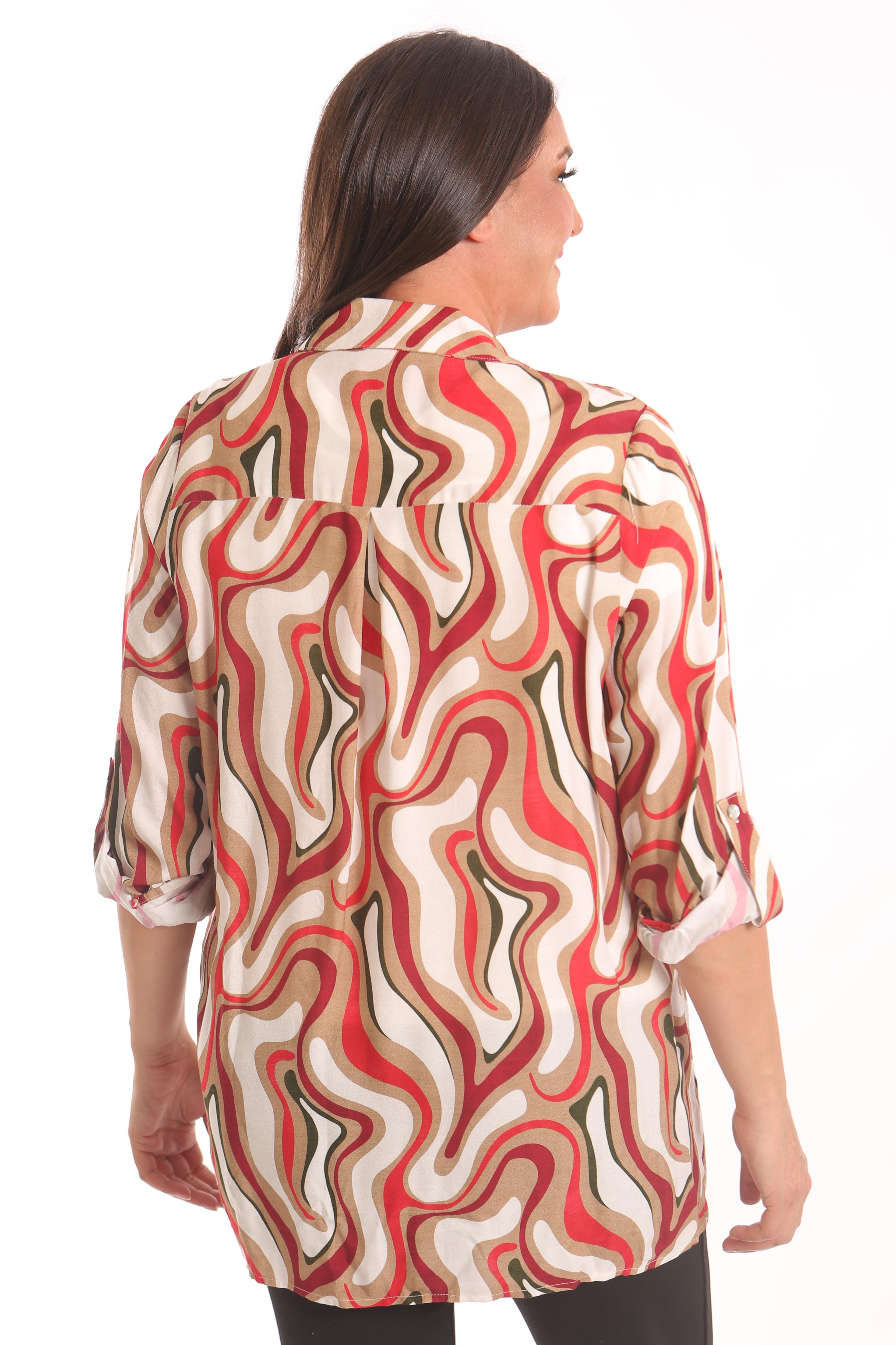 Trend42plus Büyük Beden Desenli Viskon Gömlek Bluz Bordo İkili Takım