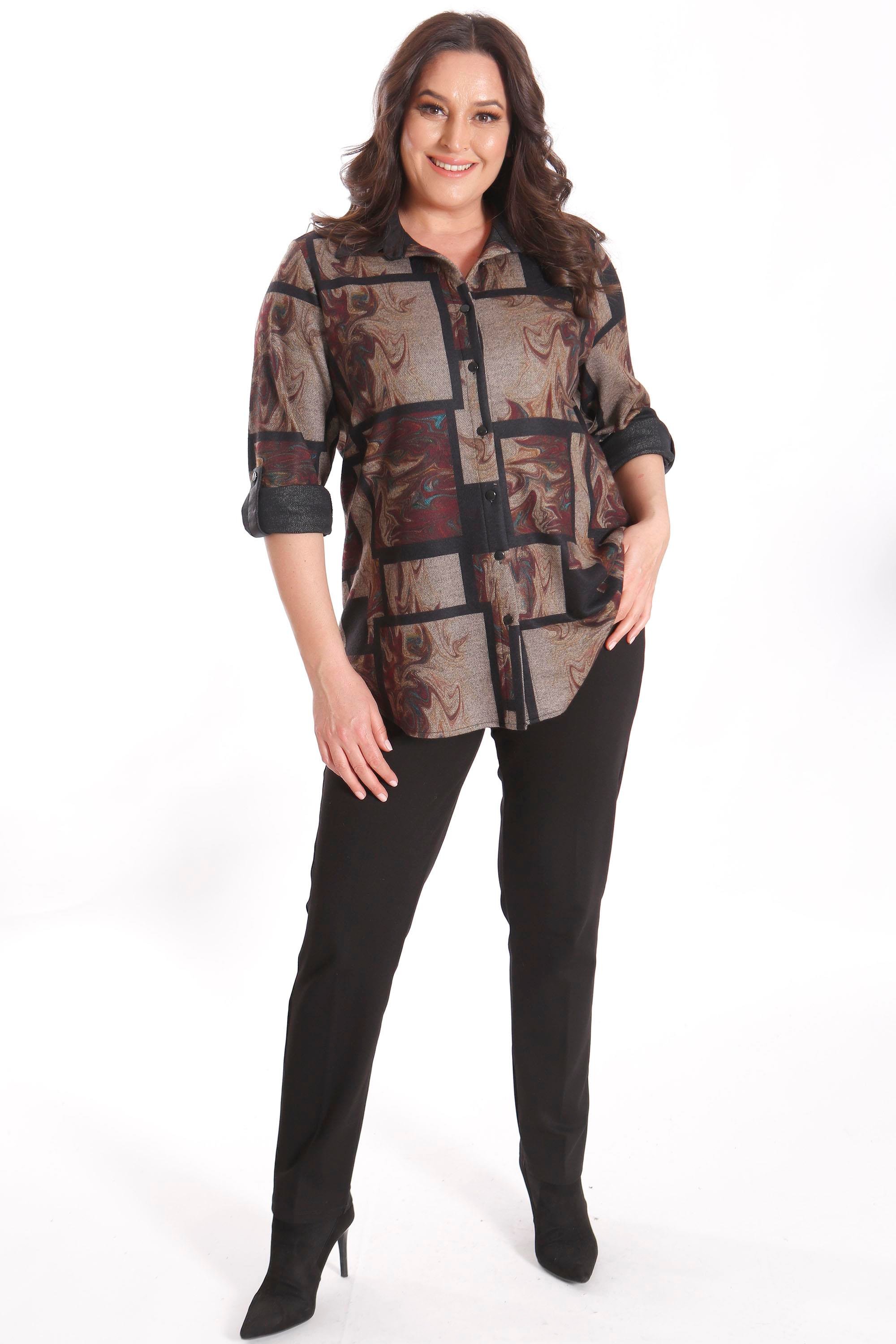 Trend42plus Büyük Beden Dijital Baskılı Deri Yakalı Mürdüm Gömlek